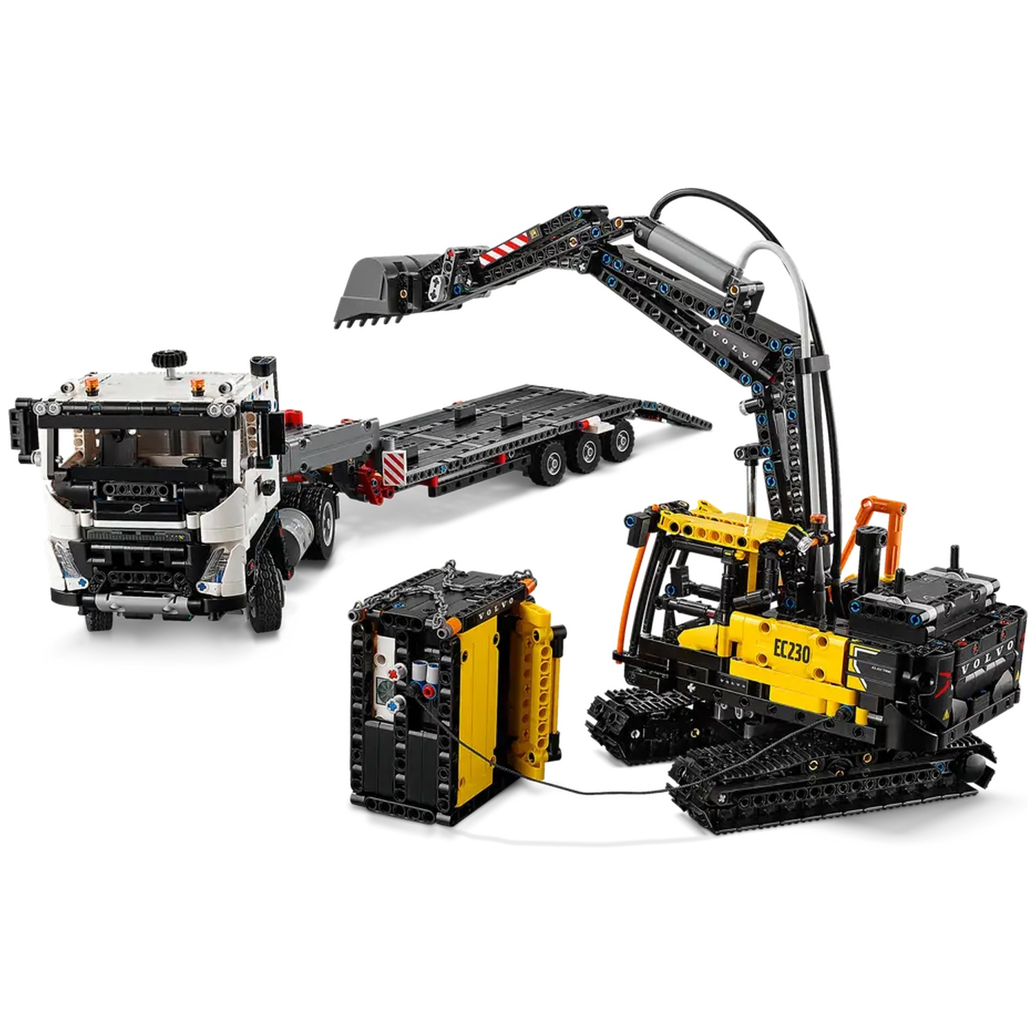 A Lego construction set featuring a white truck, a black trailer, a yellow excavator, and a yellow and black box.