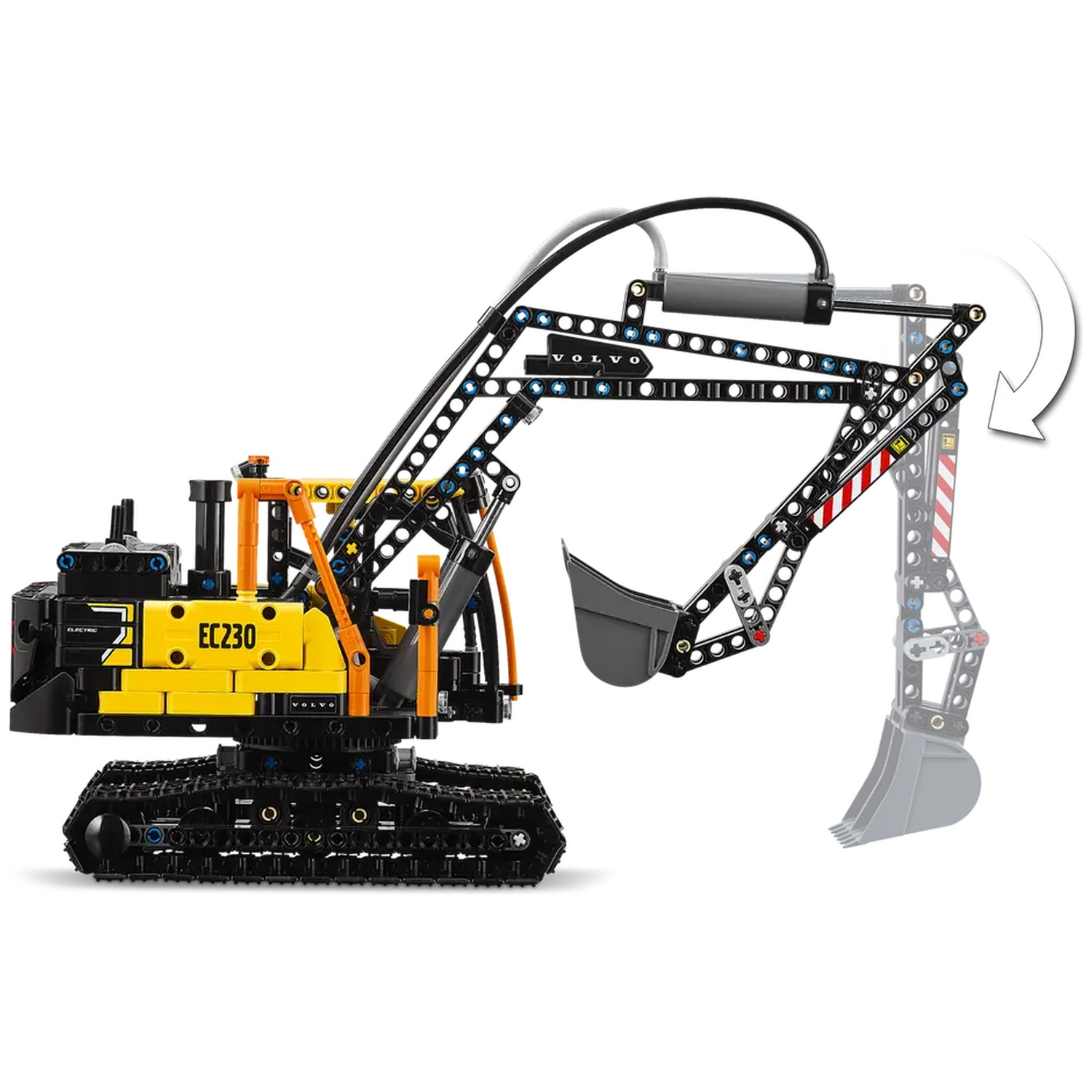 A Lego model of a yellow and black excavator. It has a movable arm and bucket. The background is white.