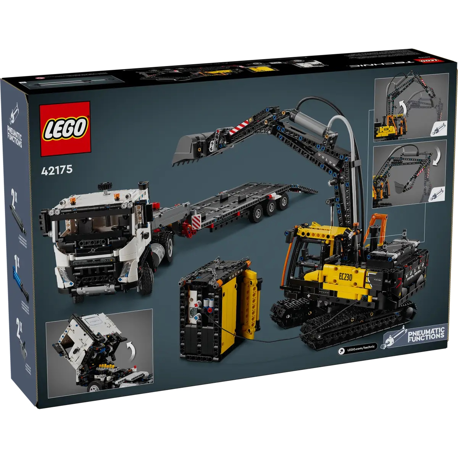 Lego Technic box set featuring a white truck, a black trailer, and a yellow and black excavator. Pneumatic functions are highlighted.