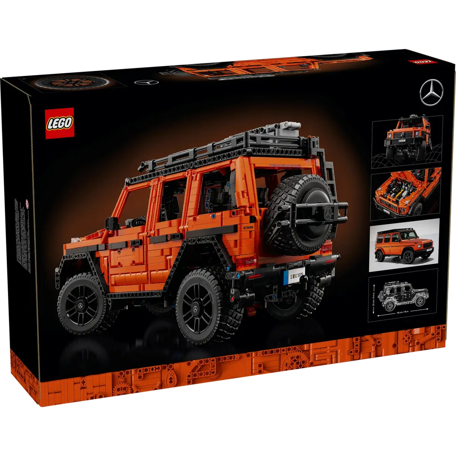 Une boîte Lego montre un modèle orange de Mercedes-Benz G-Wagon. La boîte présente le logo Lego, la voiture et des images supplémentaires.