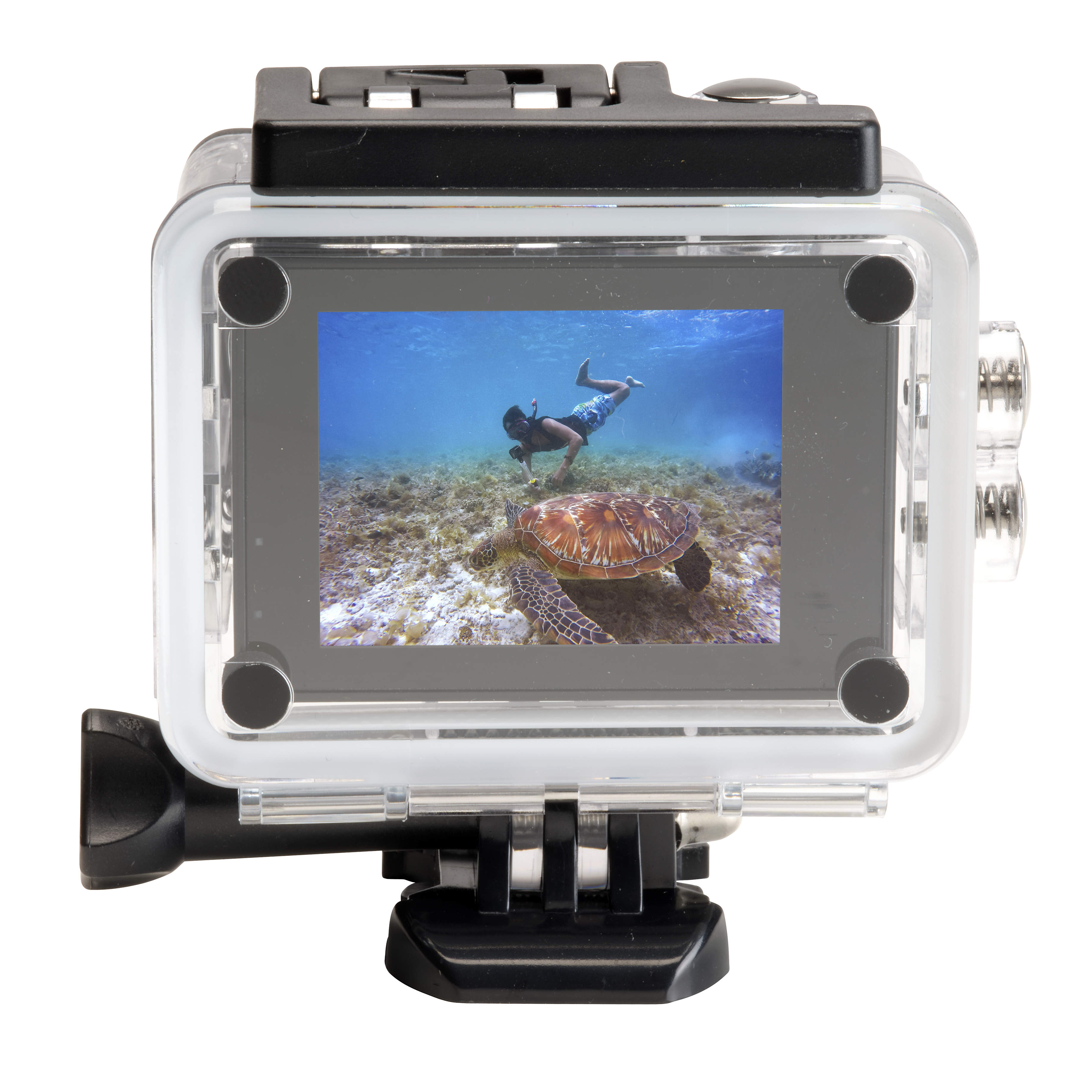 GoPro-Kamera, die eine Unterwasserszene mit einem Taucher und einer Meeresschildkröte zeigt. Die Kamera befindet sich in einem transparenten Gehäuse.