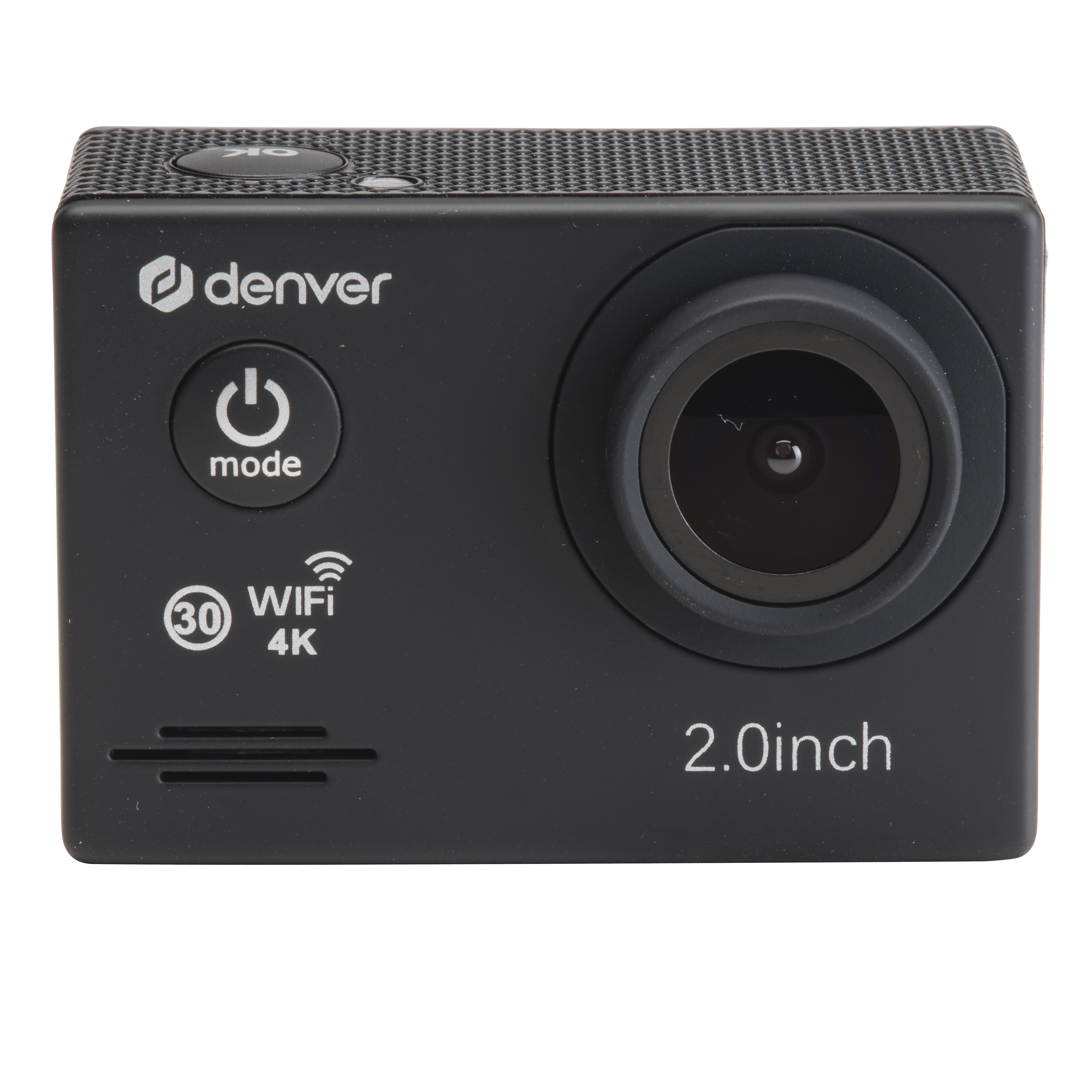 Schwarze Denver Action-Kamera. Mit Ein-/Aus-Taste, Objektiv und 2,0-Zoll-Bildschirm. Verfügt über Wi-Fi und 4K-Funktionen.