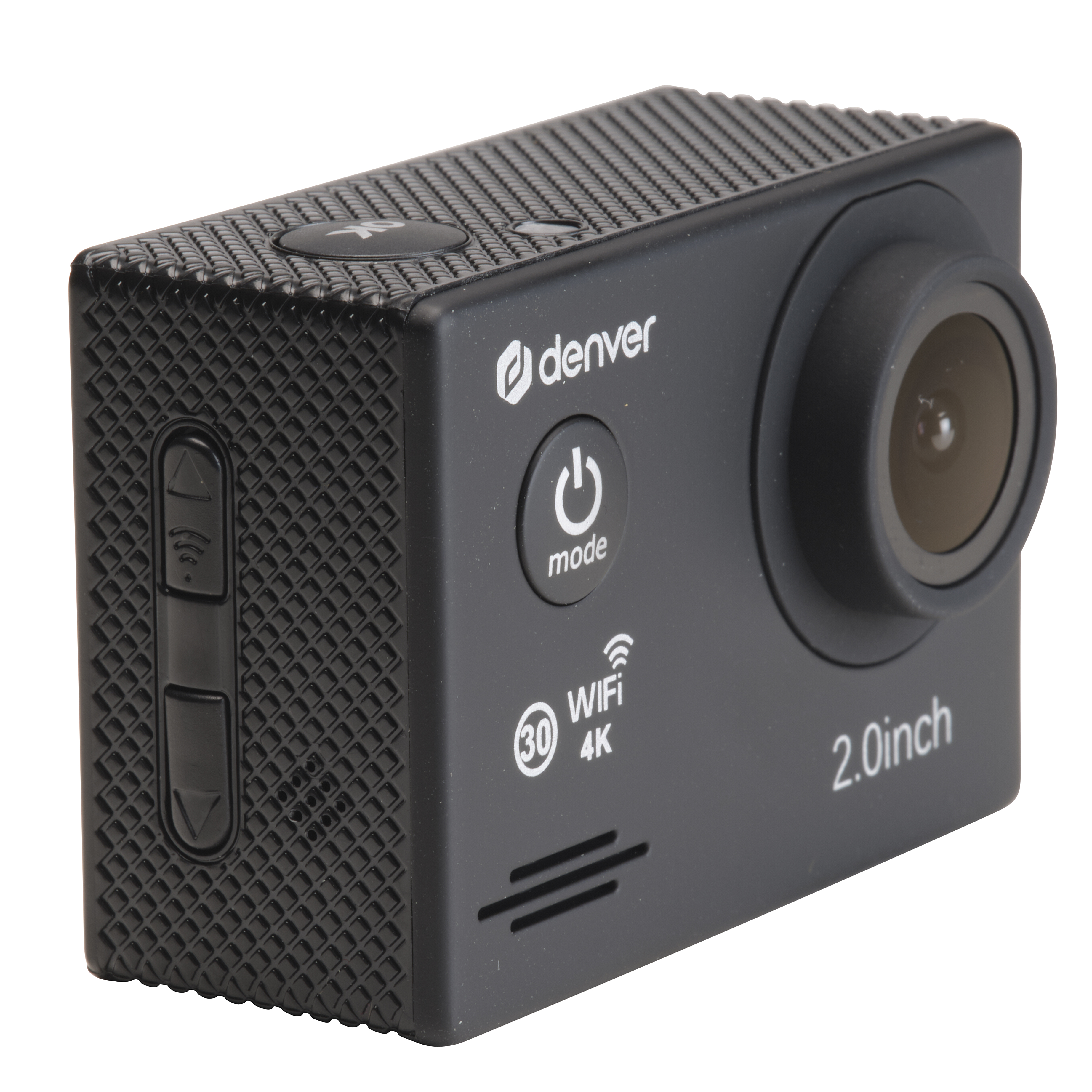 Schwarze Denver Action-Kamera. Mit Objektiv, Knöpfen und Text, der WLAN, 4K und 2,0 Zoll anzeigt.