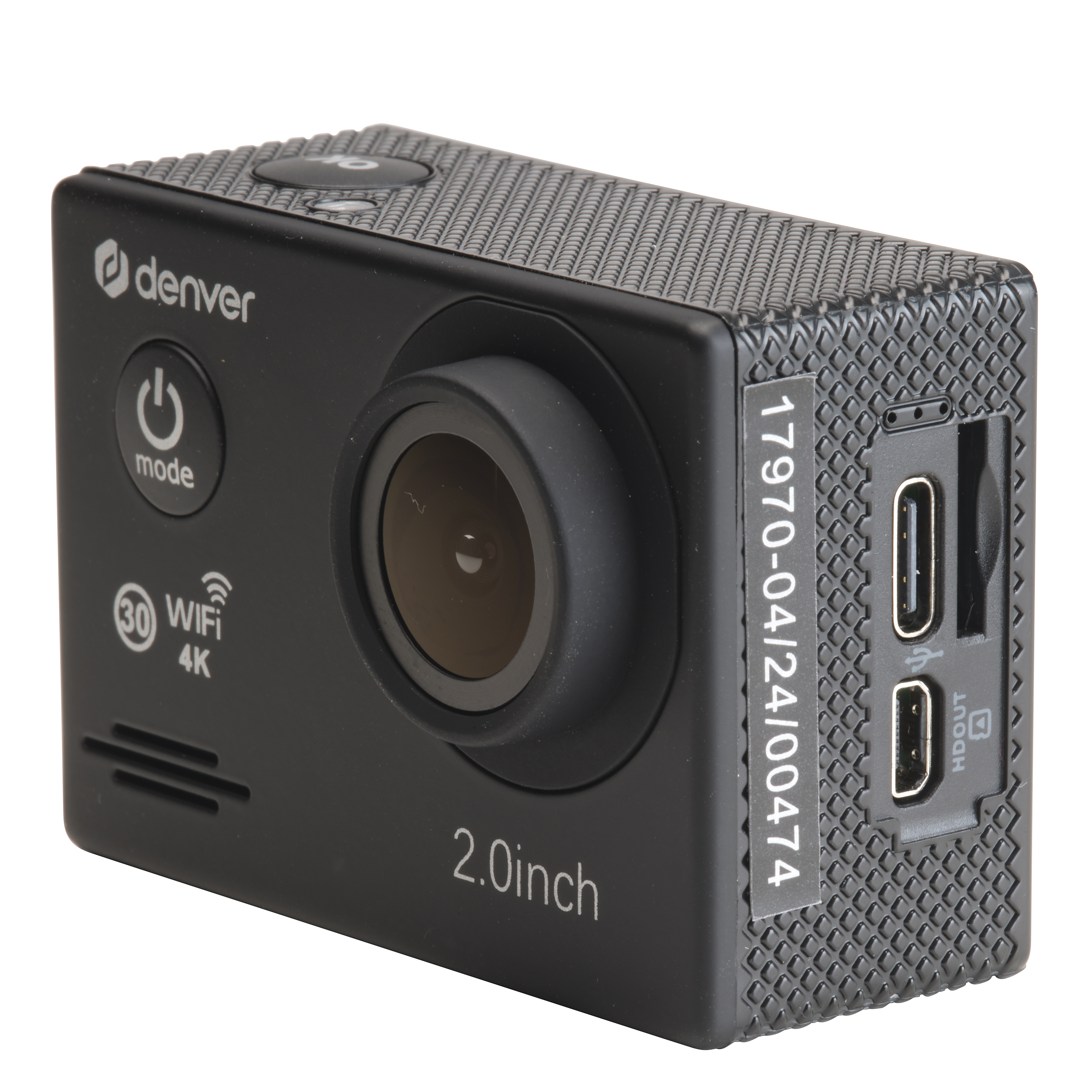 Schwarze Denver Action-Kamera. Mit Objektiv, Knöpfen und Anschlüssen. Verfügt über WLAN und 4K. Auf der Seite ist ein Aufkleber mit Nummern.