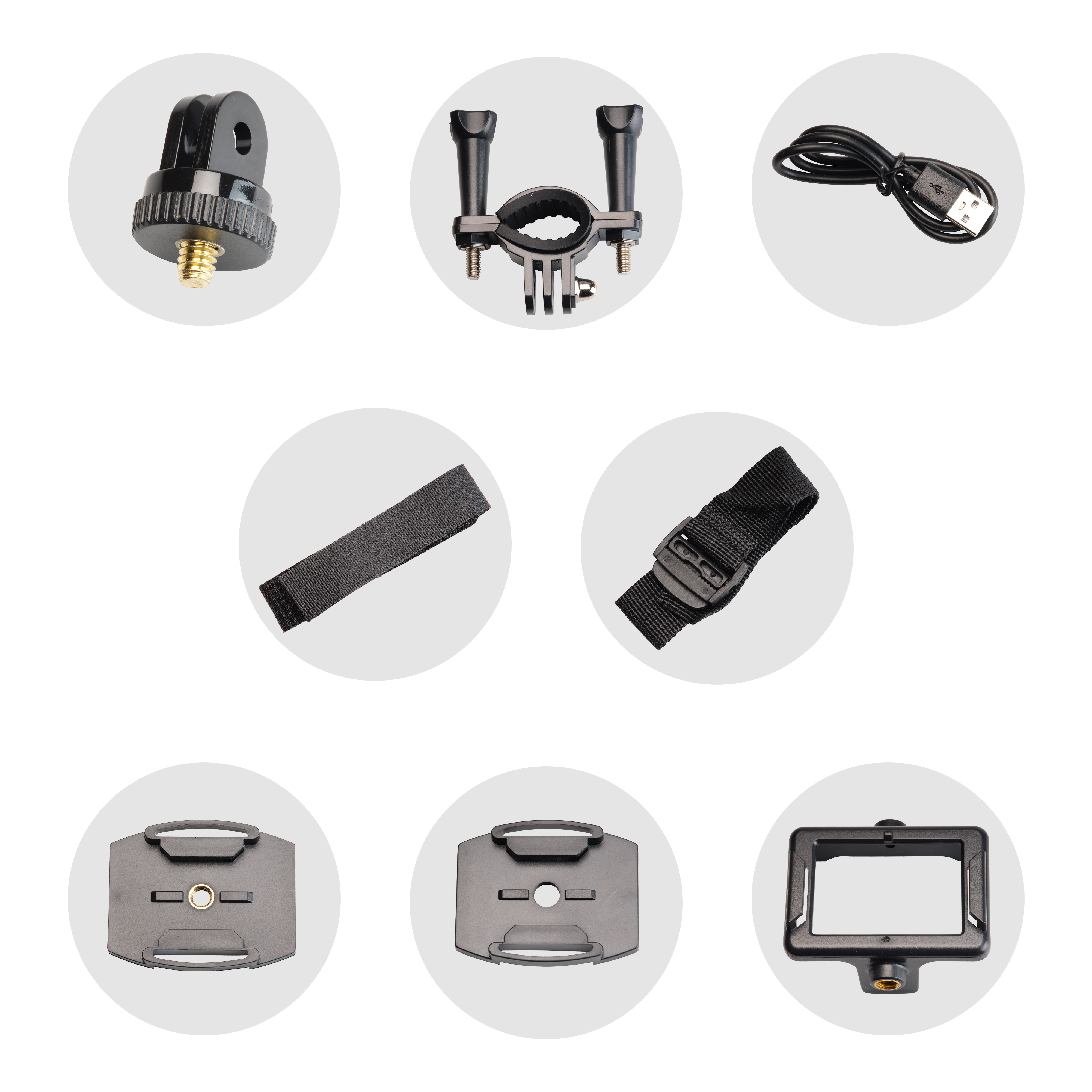 Verschiedenes schwarzes Kamerazubehör, darunter Halterungen, Riemen, ein USB-Kabel und ein Rahmen, sind angeordnet.