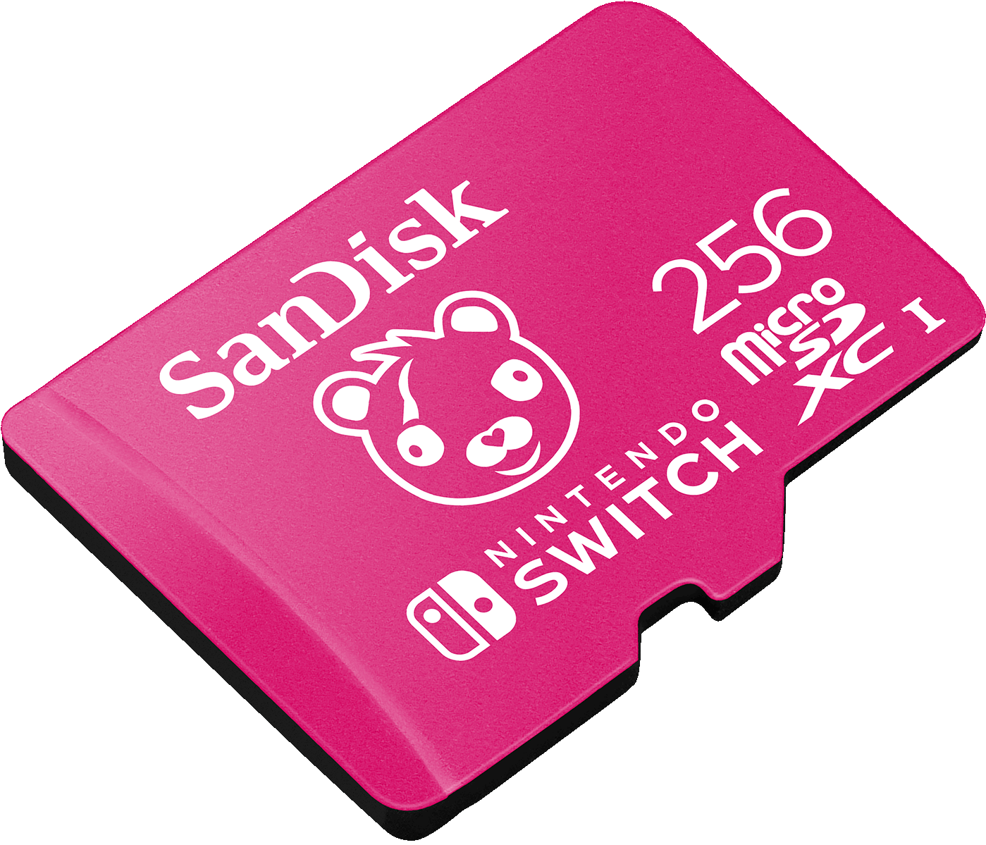 Eine pinkfarbene SanDisk microSD-Karte mit Bärenlogo, 256 GB, für Nintendo Switch, auf schwarzem Hintergrund.