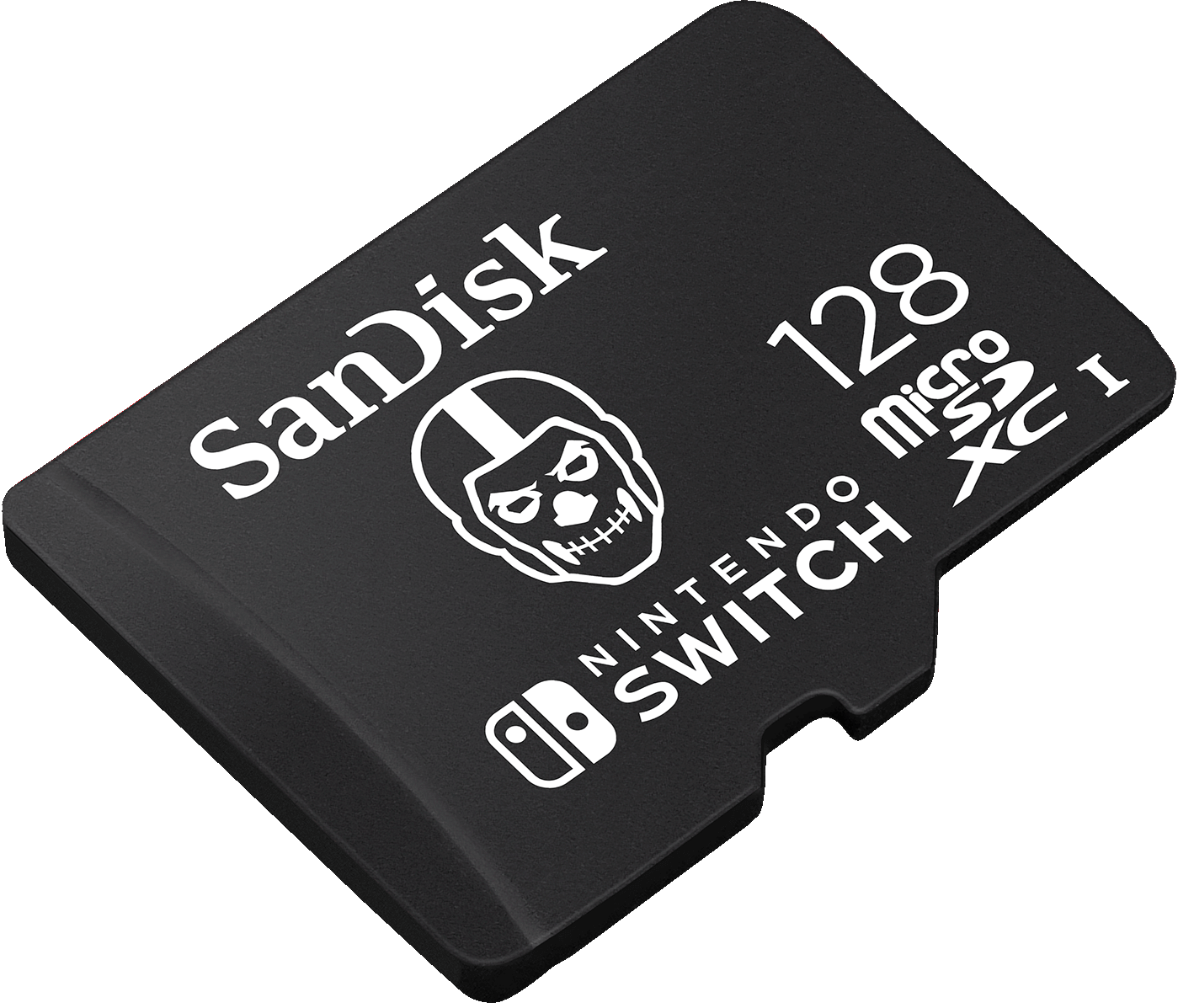 Carte microSD SanDisk noire de 128 Go pour Nintendo Switch. Comporte un logo de crâne et du texte blanc. XC I.