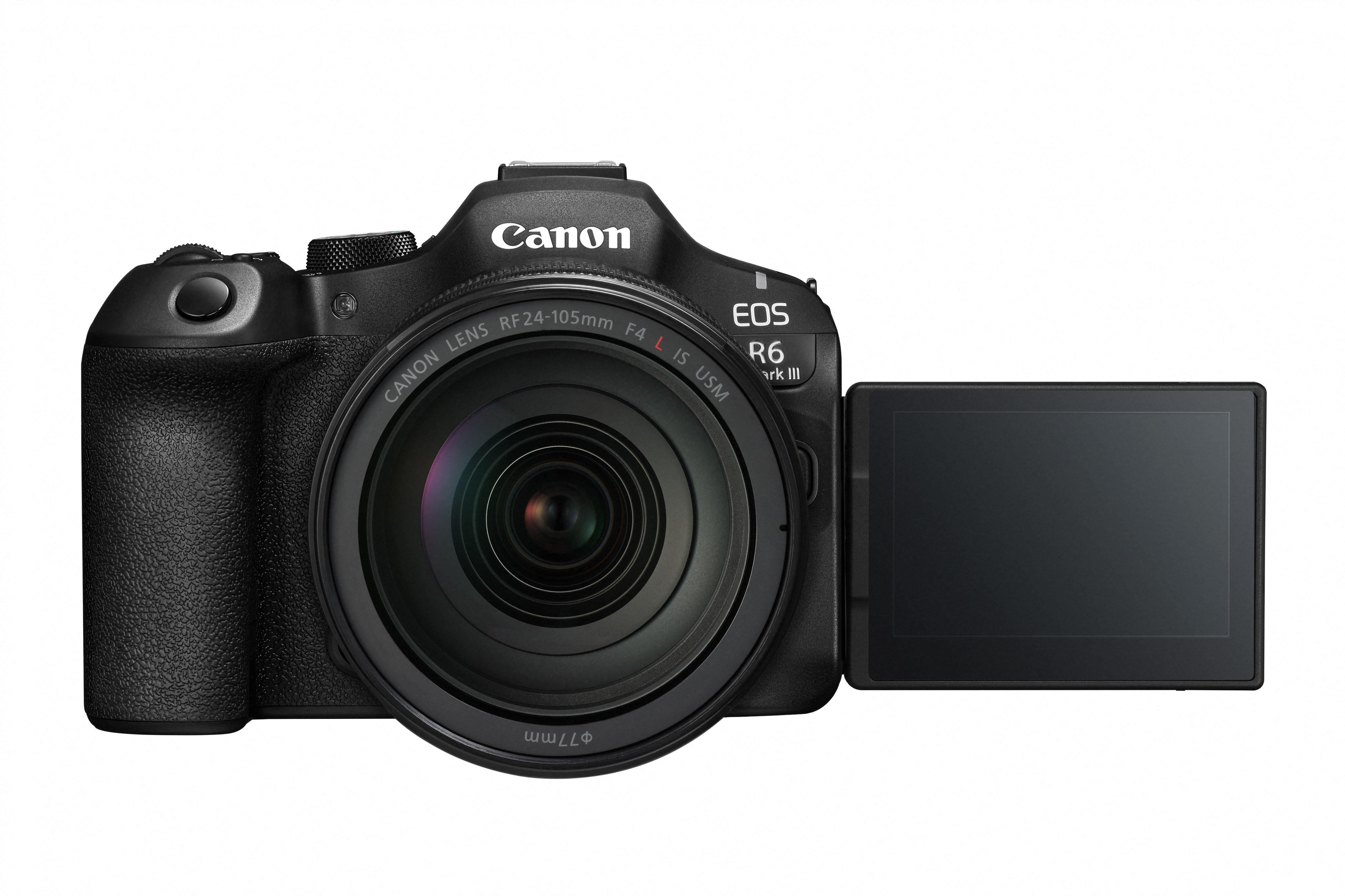 Eine schwarze Canon EOS R6 Kamera mit Objektiv und offenem Bildschirm. Canon-Logo sichtbar.