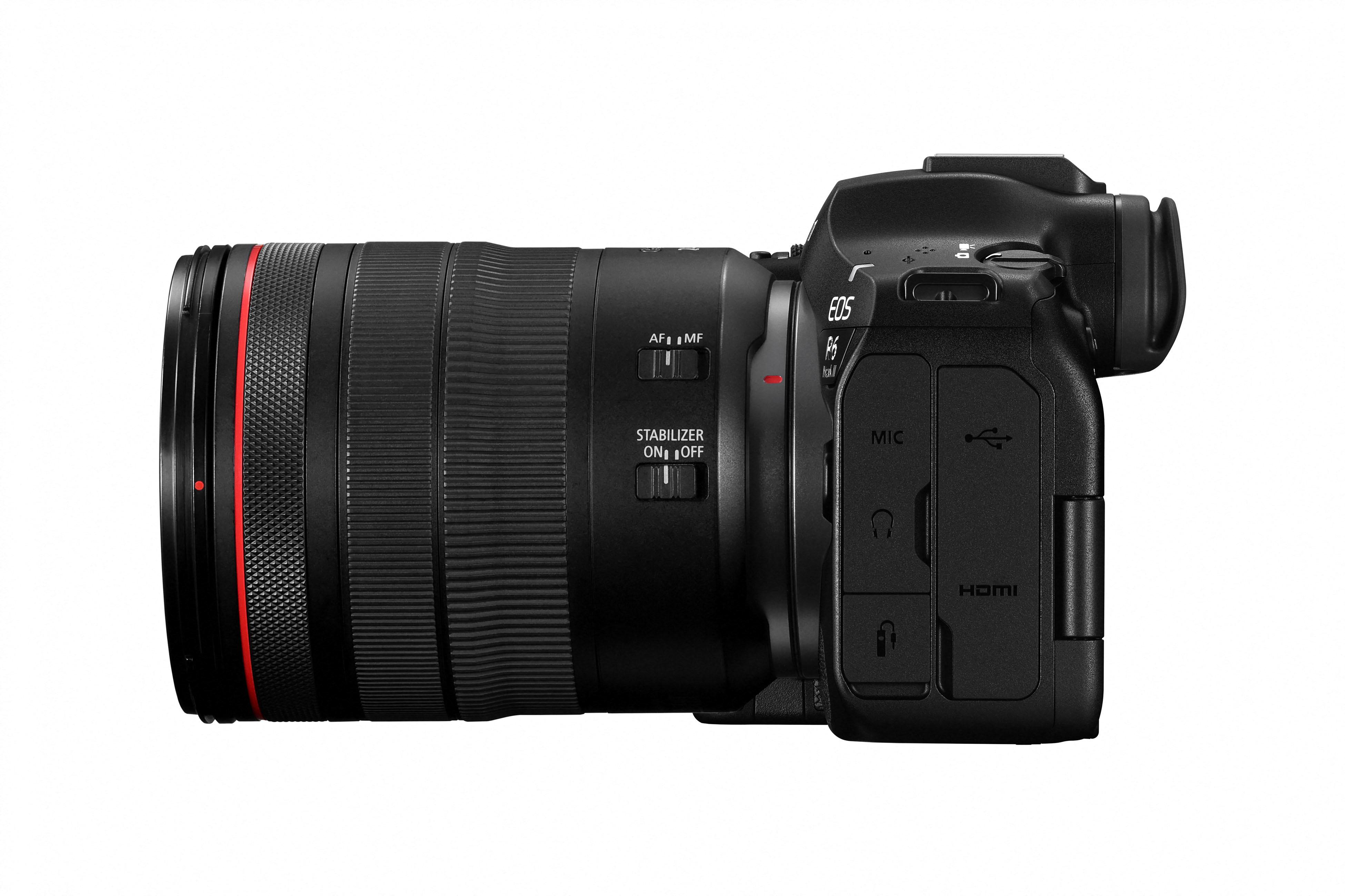 Schwarze Canon EOS R6 Kamera mit Objektiv, vor weißem Hintergrund. Das Objektiv hat einen roten Ring. Knöpfe und Anschlüsse sind sichtbar.