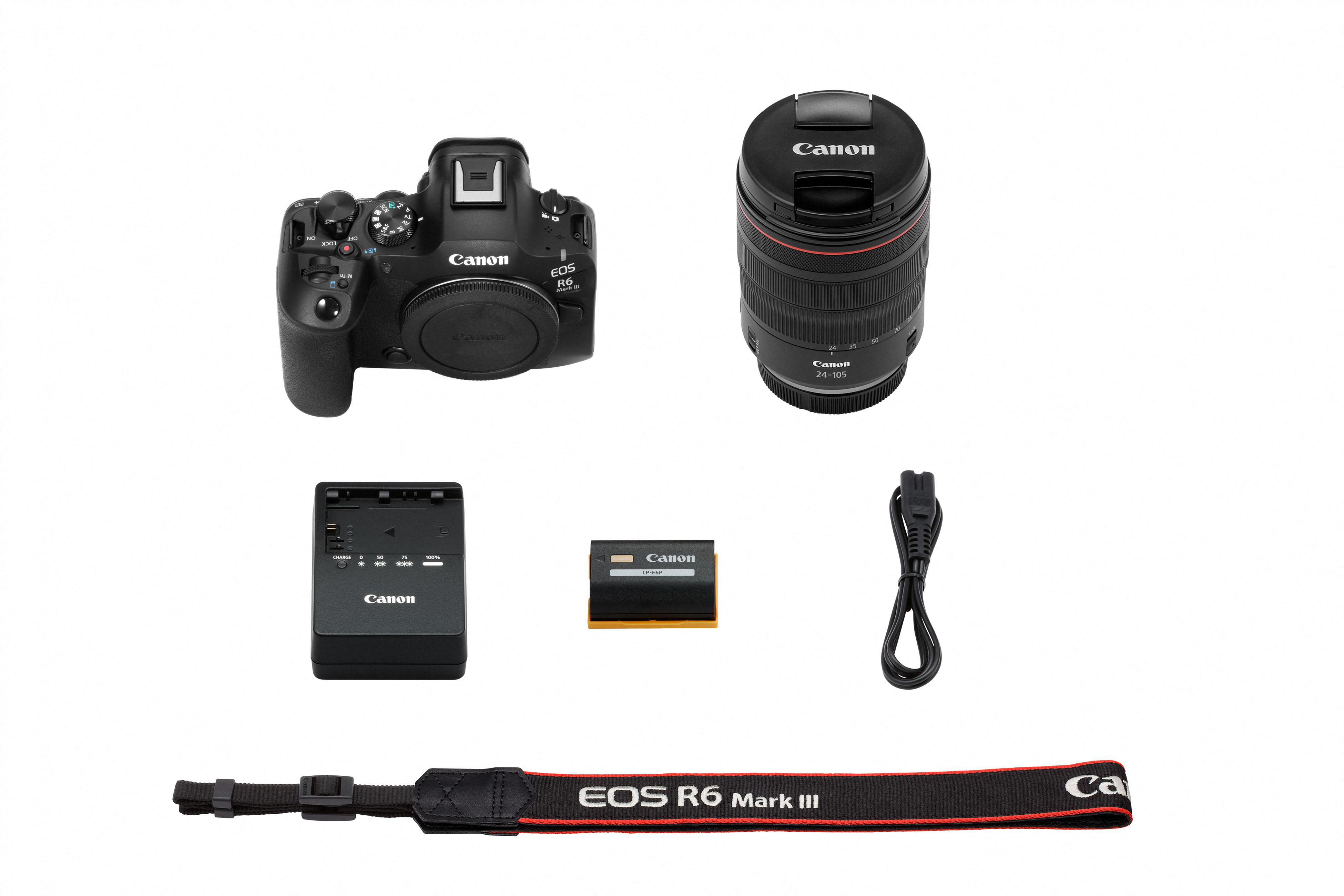 Ein Canon EOS R6 Mark III Kamera-Kit mit Objektiv, Ladegerät, Akku und Gurt, alles auf weißem Grund.