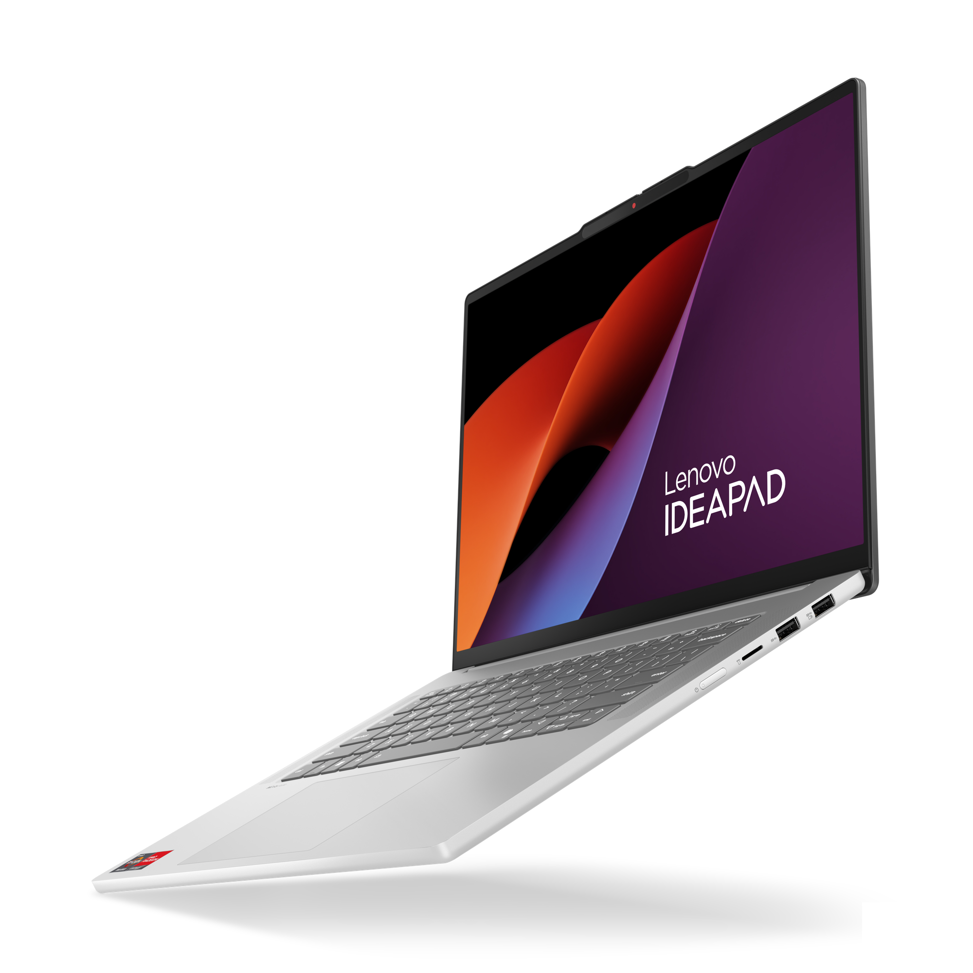 Ein silberner Lenovo IdeaPad-Laptop ist geöffnet und zeigt ein farbenfrohes abstraktes Design auf dem Bildschirm. Schwarzer Hintergrund.