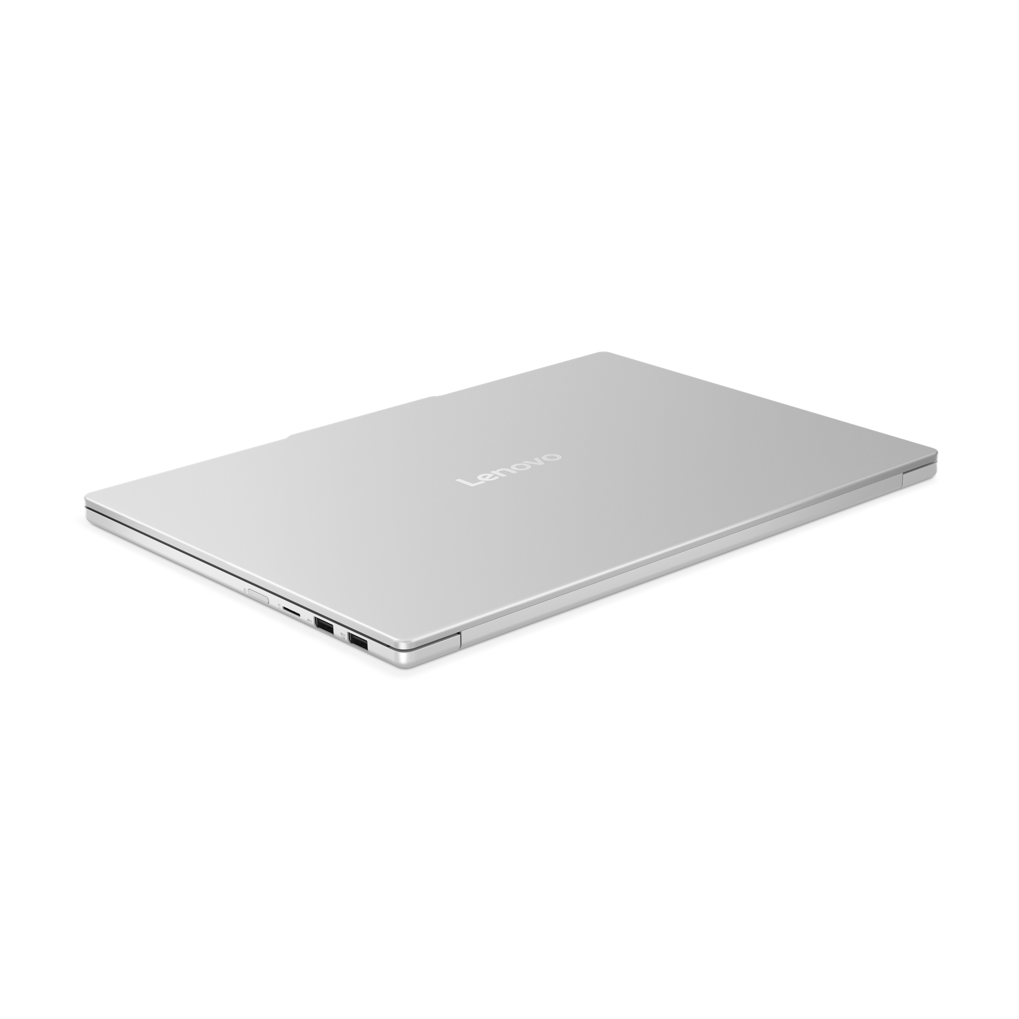 Ein silberner Lenovo-Laptop auf schwarzem Grund. Der Laptop ist geschlossen und nach rechts abgewinkelt, mit Lenovo-Logo.