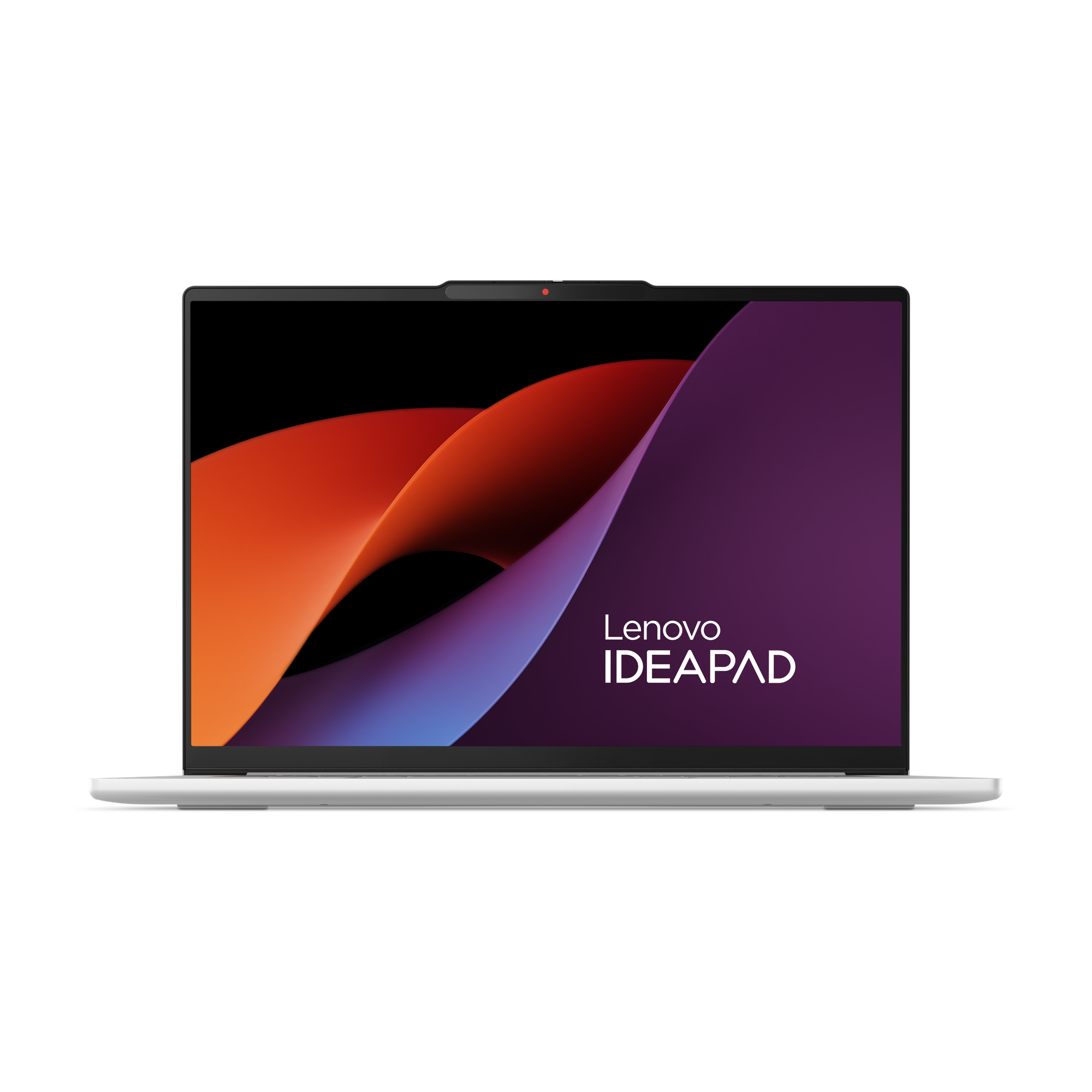 Ein Lenovo IdeaPad Laptop ist geöffnet. Der Bildschirm zeigt abstrakte Formen in Orange, Rot und Lila mit dem Markennamen.