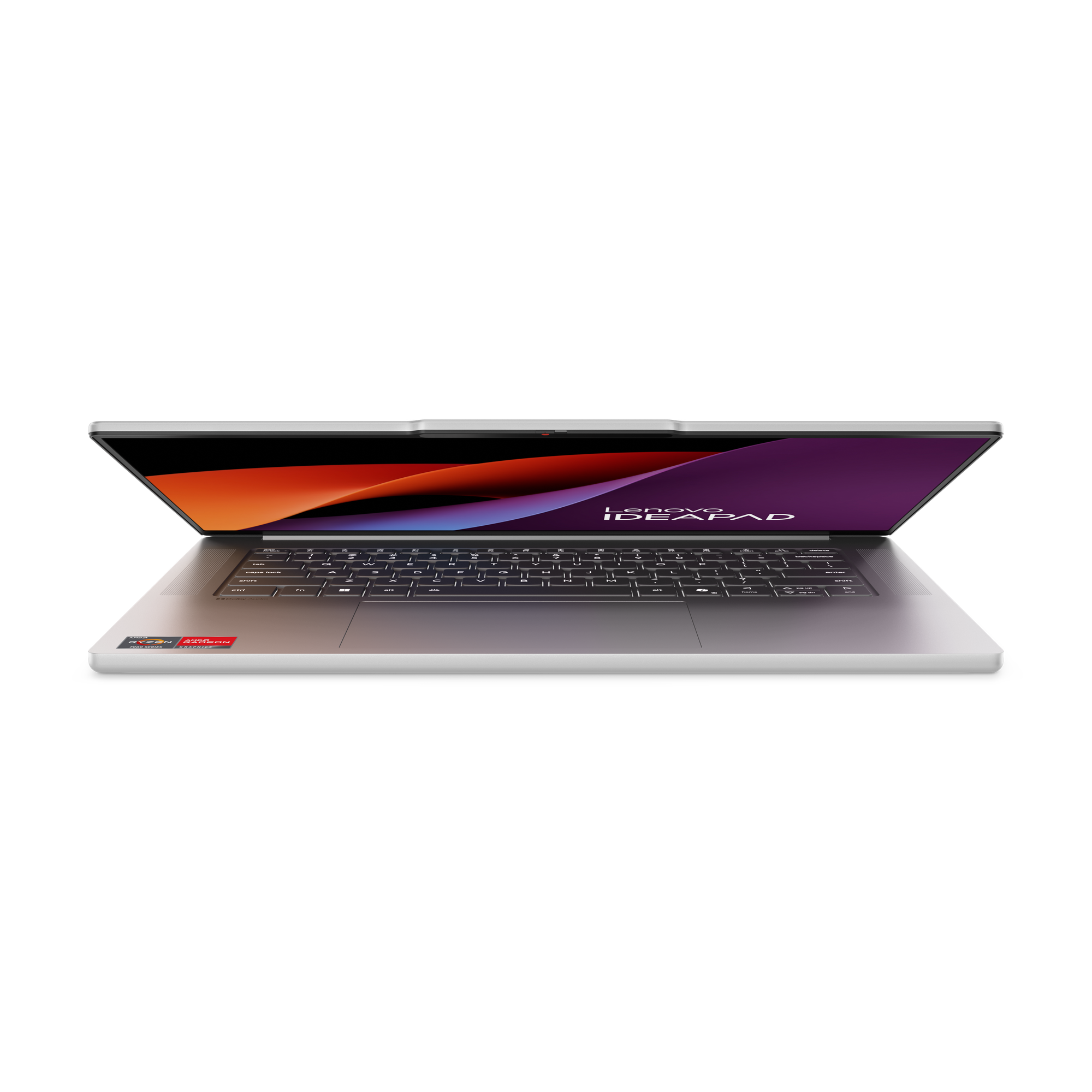 Geöffneter Lenovo IdeaPad Laptop auf schwarzem Hintergrund. Bildschirm zeigt farbenfrohes abstraktes Design, Tastatur sichtbar, AMD-Aufkleber.