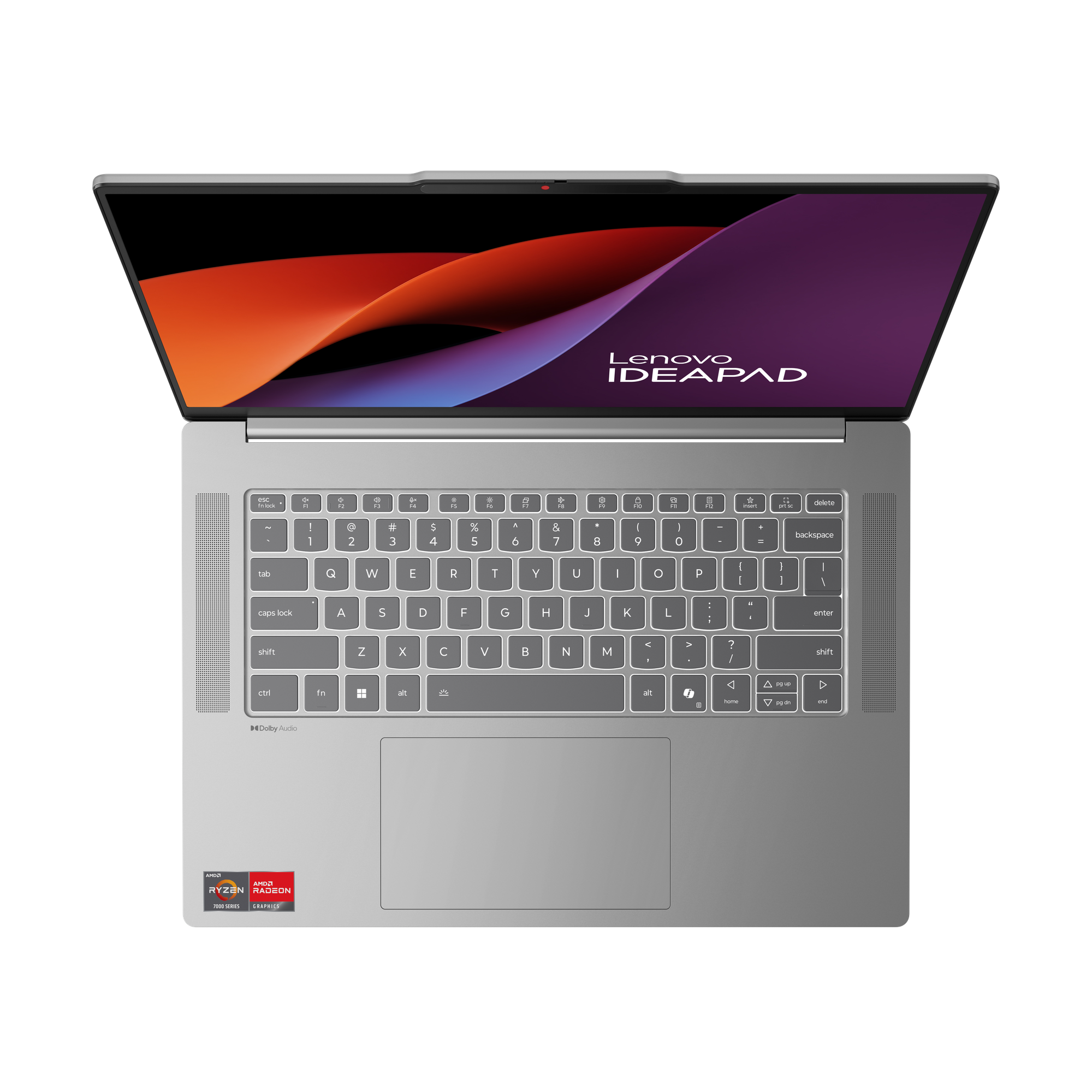 Draufsicht auf Laptop. Offener Bildschirm mit orange-lila Anzeige. Tastatur und Touchpad sichtbar. AMD Ryzen und Radeon Aufkleber.