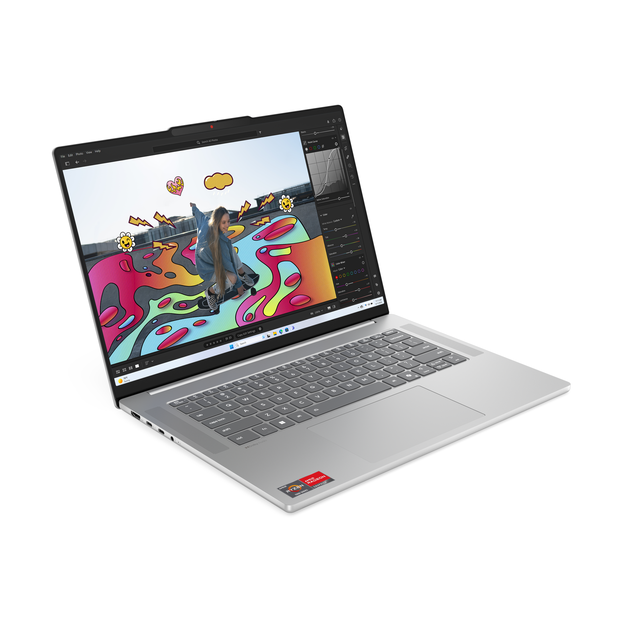 Laptop zeigt Bildbearbeitungssoftware. Auf dem Bildschirm ist eine Frau auf einem Skateboard, farbiger Hintergrund, schwarzer Hintergrund.
