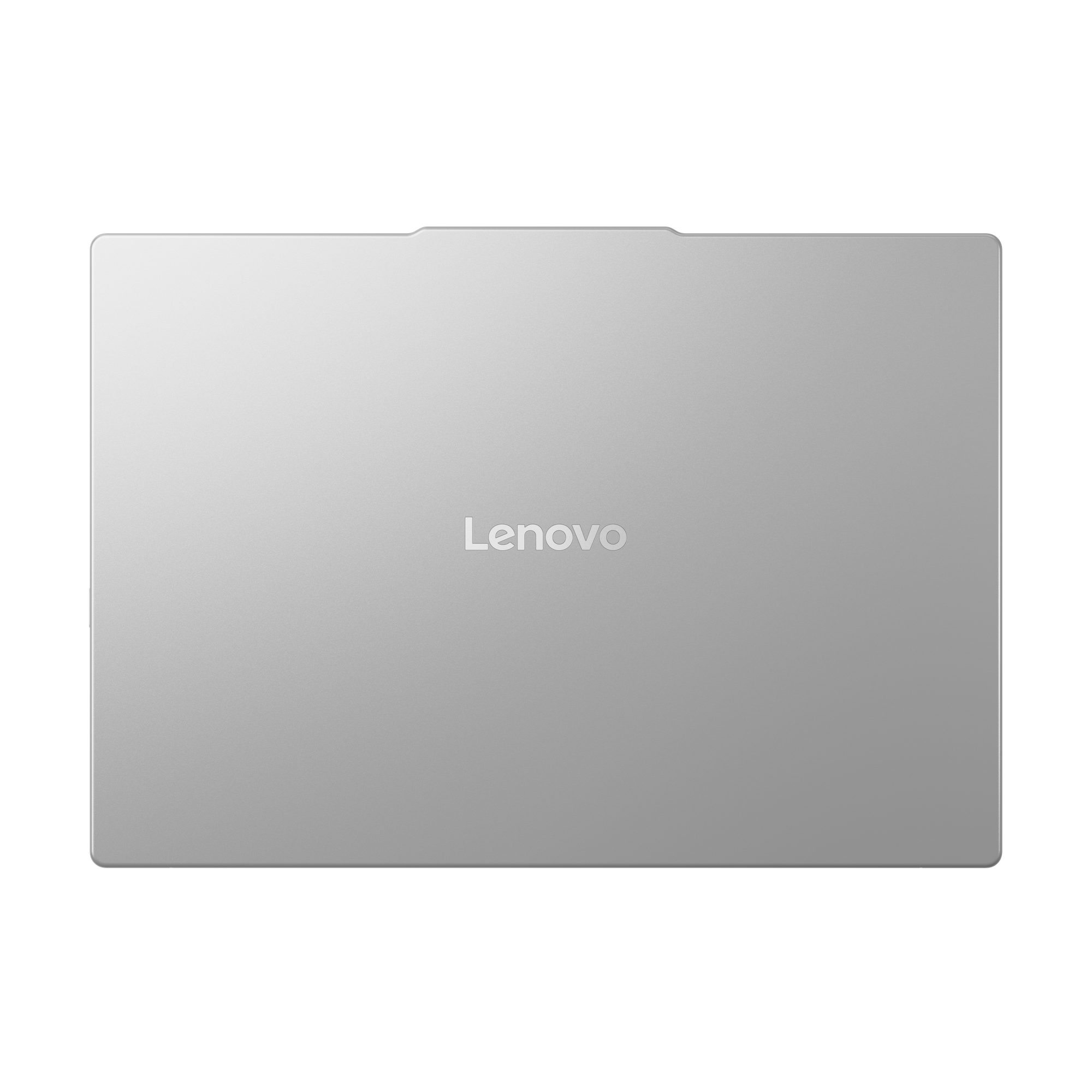Ein geschlossener, silberner Lenovo-Laptop auf schwarzem Hintergrund. Das Lenovo-Logo ist zentriert.