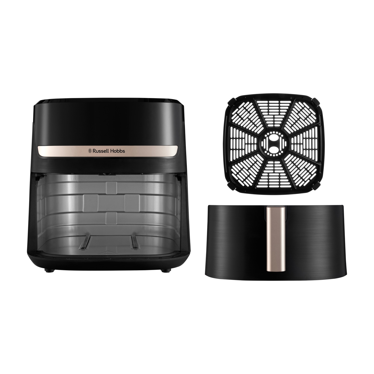 Friggitrice ad aria Russell Hobbs nera con parti rimovibili. Include l'unità principale, un cestello e una base, tutto su sfondo bianco.