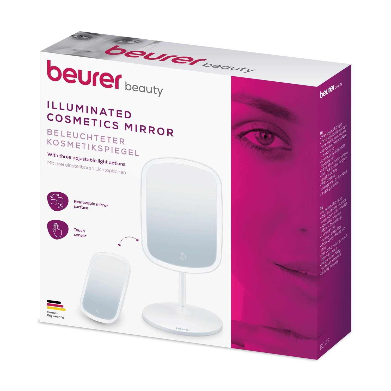 Una scatola bianca di specchio cosmetico illuminato con lo specchio stesso. Il testo recita 'Illuminated Cosmetics Mirror'.