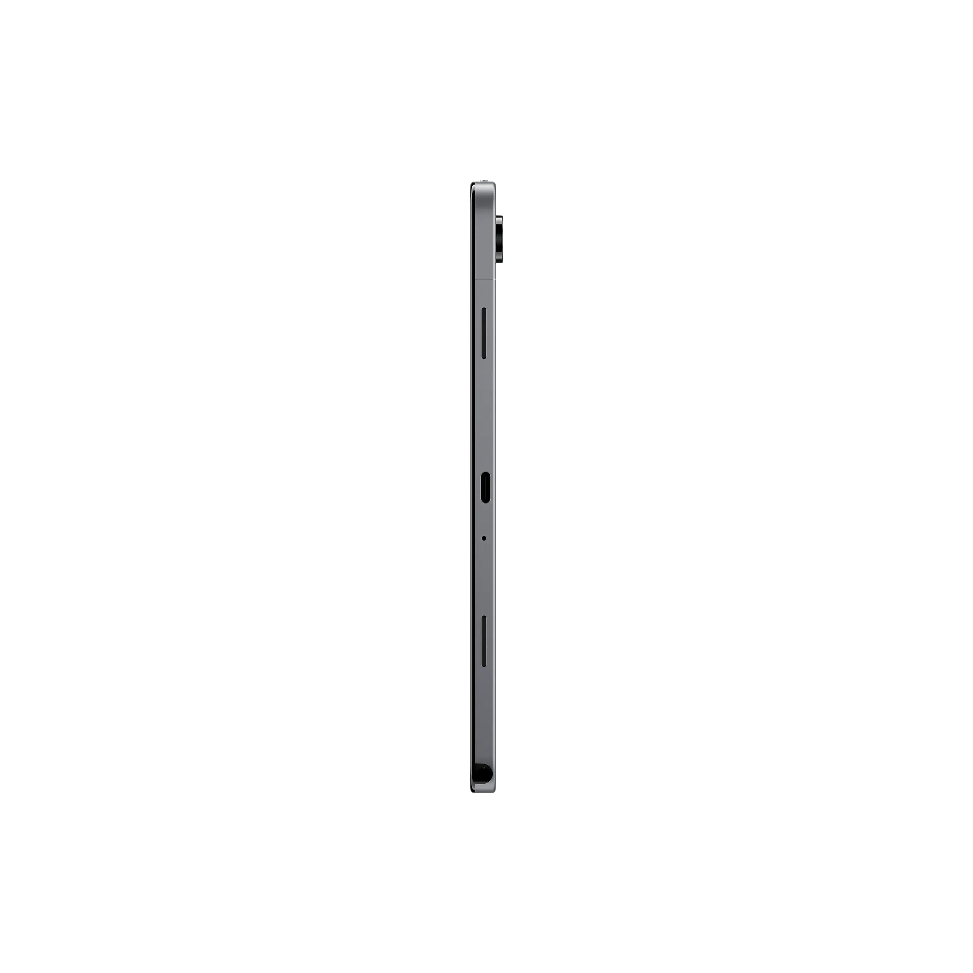 Ein teilweise sichtbares Tablet wird auf weißem Hintergrund gezeigt. Die Seite mit Knöpfen und Kamera ist sichtbar.