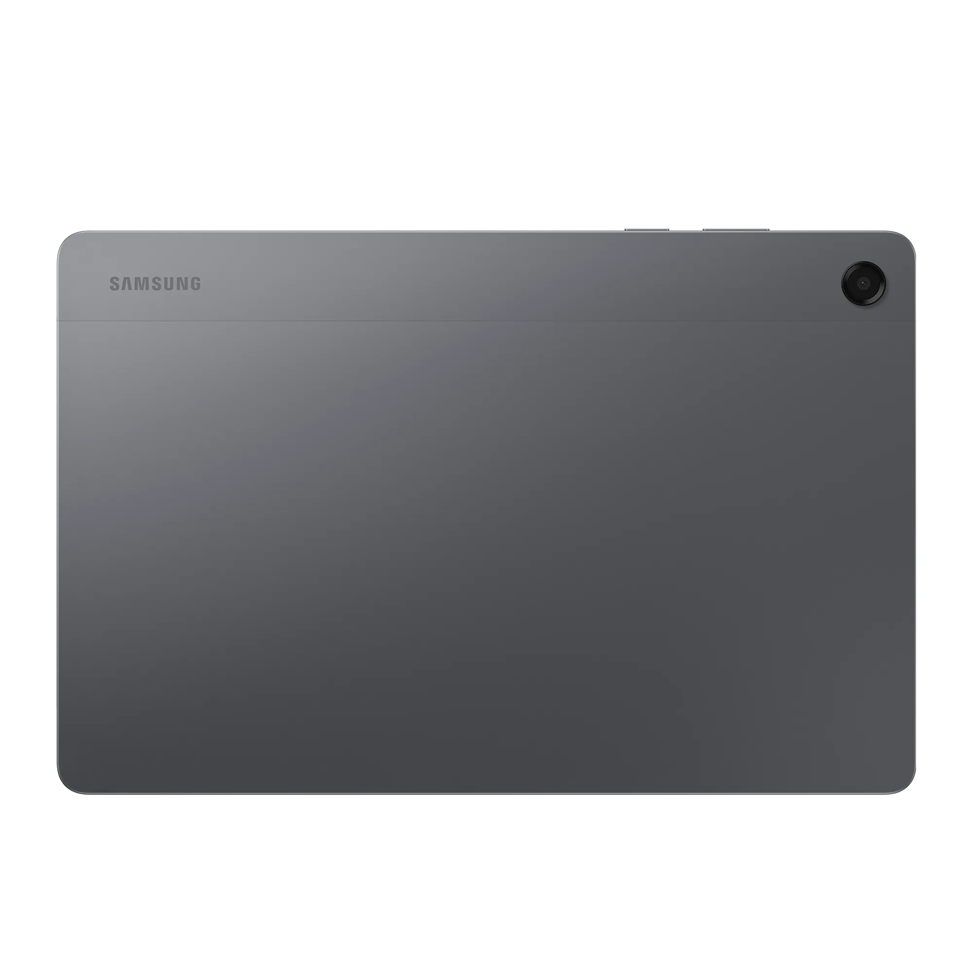 Graues Tablet, Rückansicht. Samsung-Logo oben. Kamera und Knöpfe an der Seite. Das Tablet liegt auf Weiß.