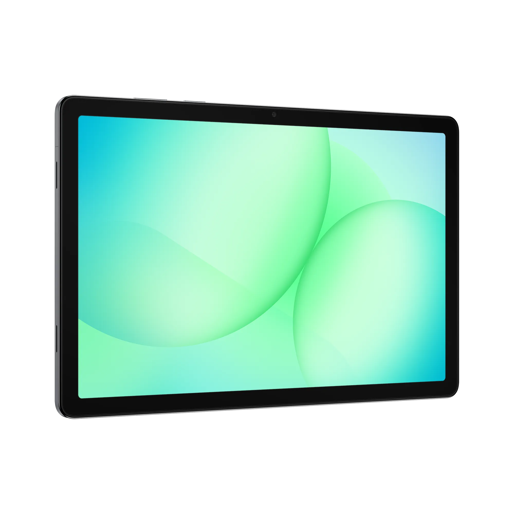 Tablet mit schwarzem Rahmen und einem Bildschirm, der grüne und blaue abstrakte Formen zeigt.