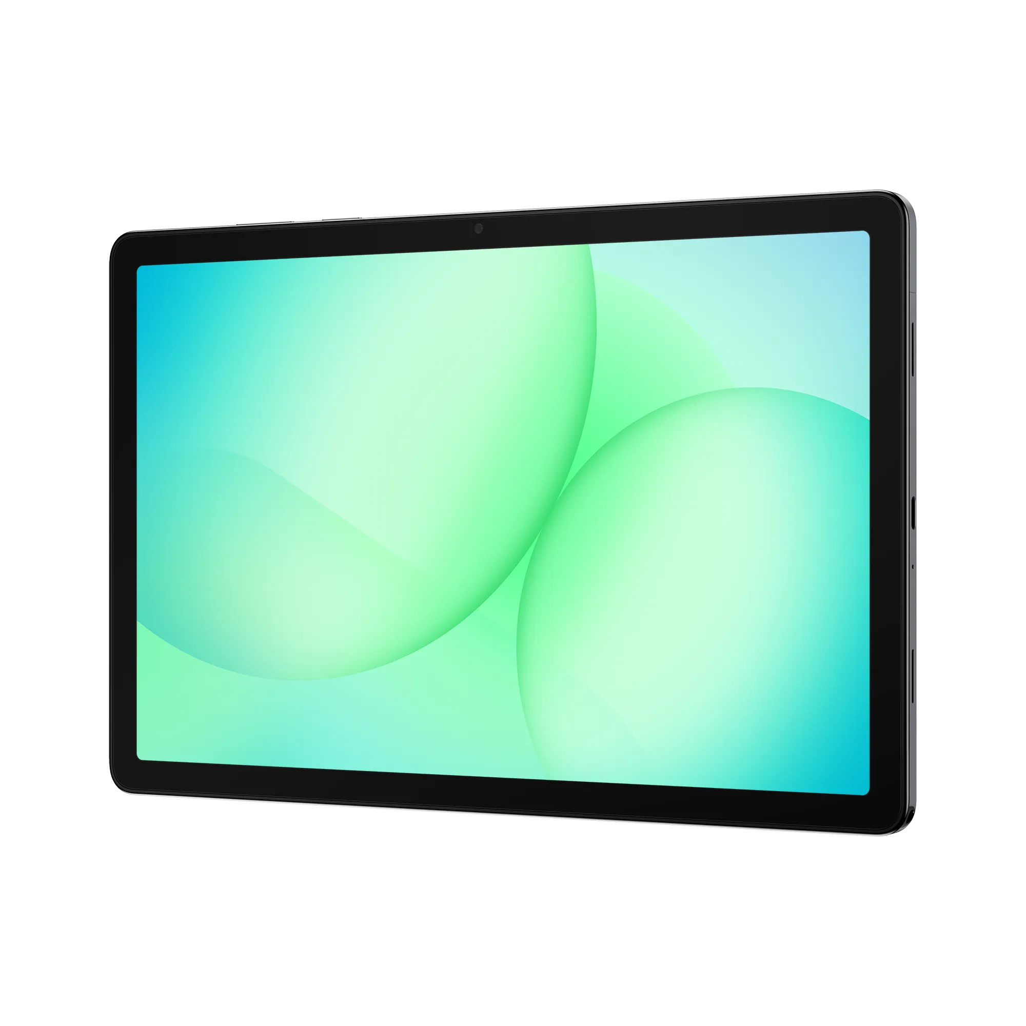 Tablet-Gerät. Der Bildschirm zeigt einen grünen und blauen Farbverlauf mit zwei großen, hellgrünen Blasen. Schwarzer Rahmen, weißer Hintergrund.