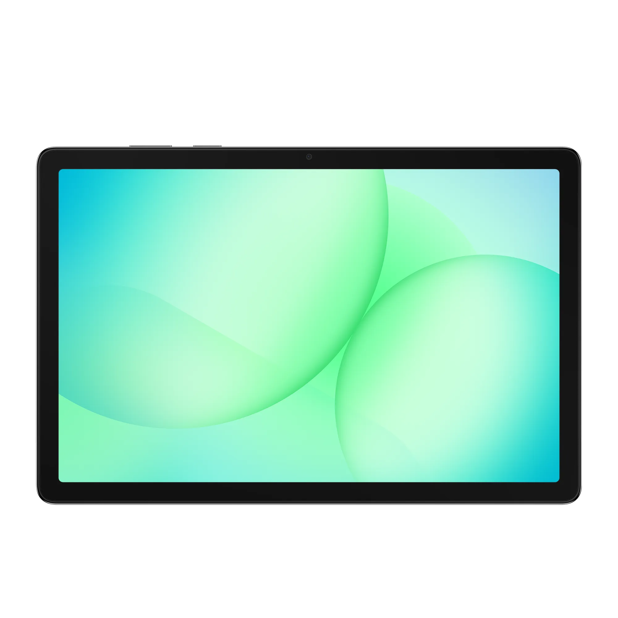 Ein schwarzes Tablet auf weißem Hintergrund. Der Bildschirm zeigt grüne und blaue Farbverläufe mit zwei großen, hellgrünen Kugeln.