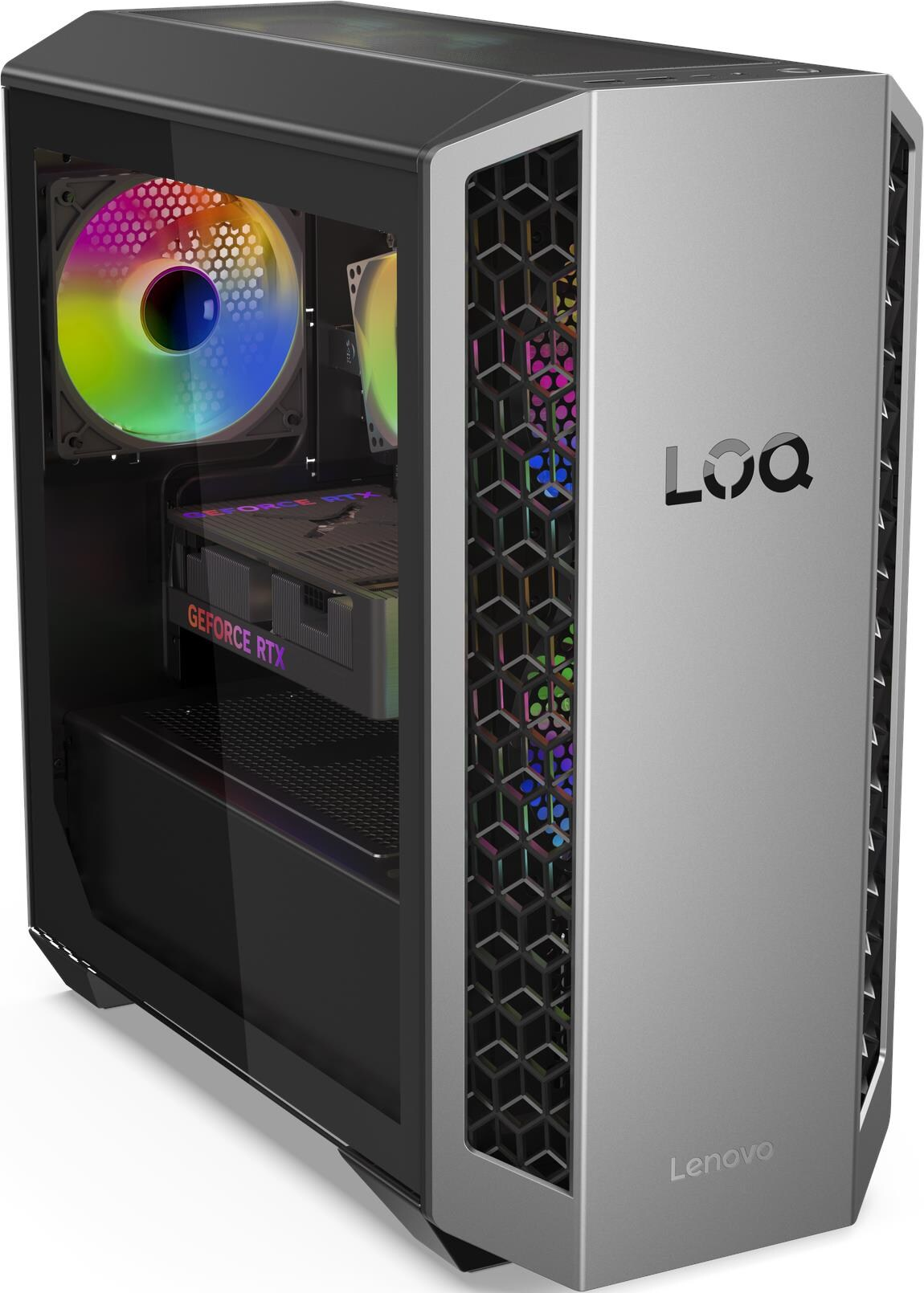 Ein Lenovo Loq PC-Gehäuse mit Glas-Seitenwand. Es hat einen bunten Lüfter, eine GeForce RTX-Karte und eine silberne Frontplatte.