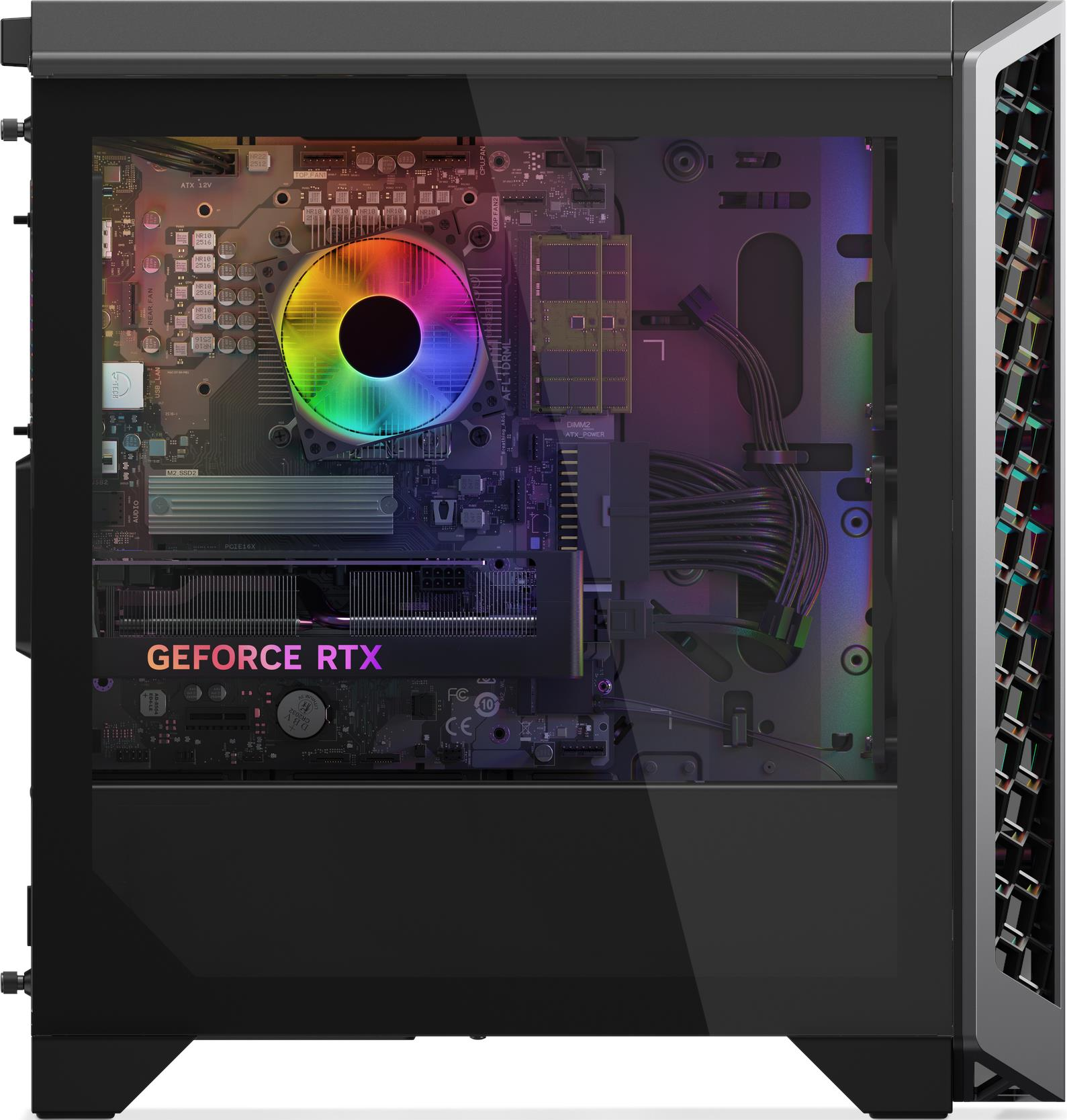 PC-Gehäuse innen mit sichtbaren Komponenten, darunter ein farbenfroher CPU-Kühler, Grafikkarte und Motherboard.