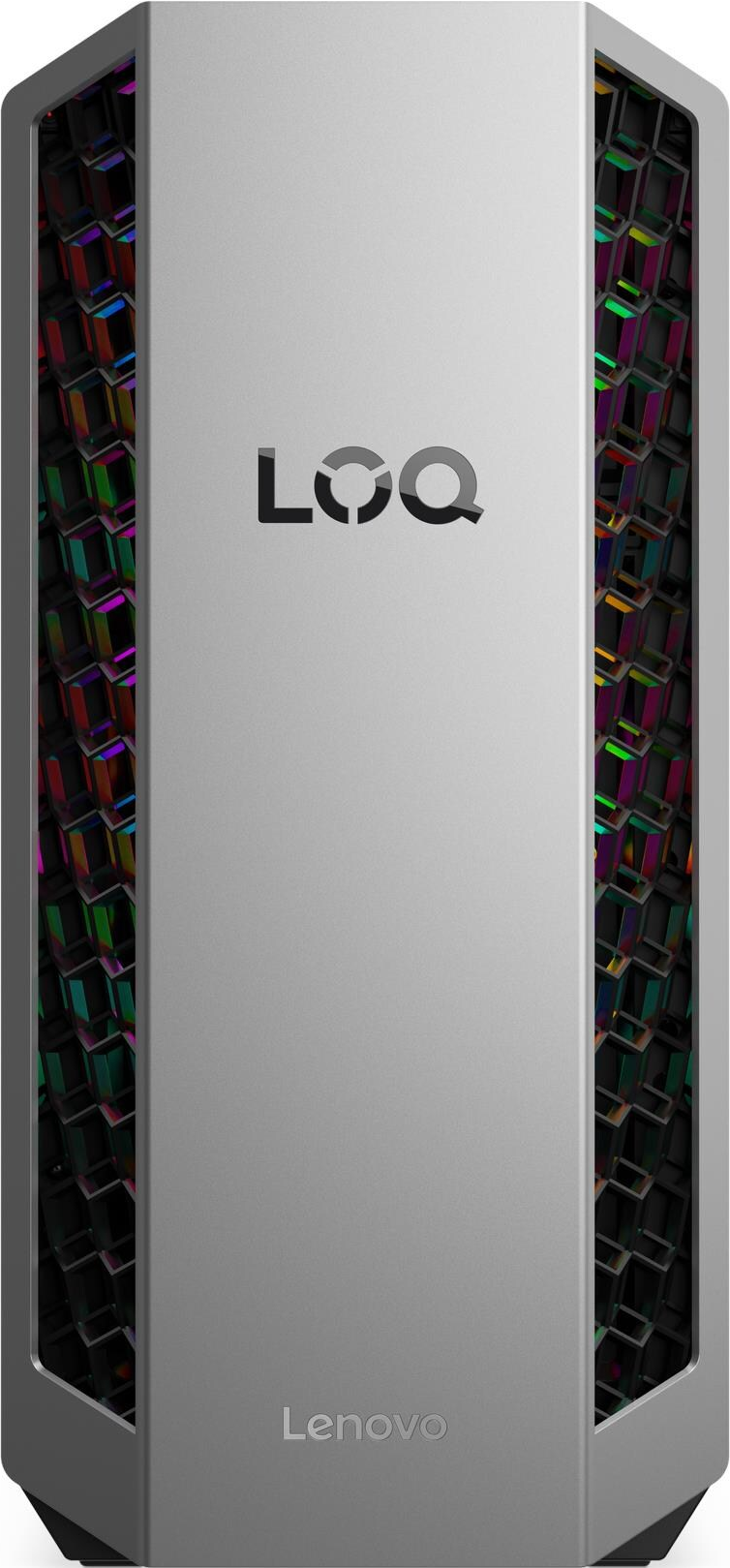 Silbernes Computergehäuse mit LoQ-Logo. Die Vorderseite hat ein wabenartiges Design mit farbiger Beleuchtung.