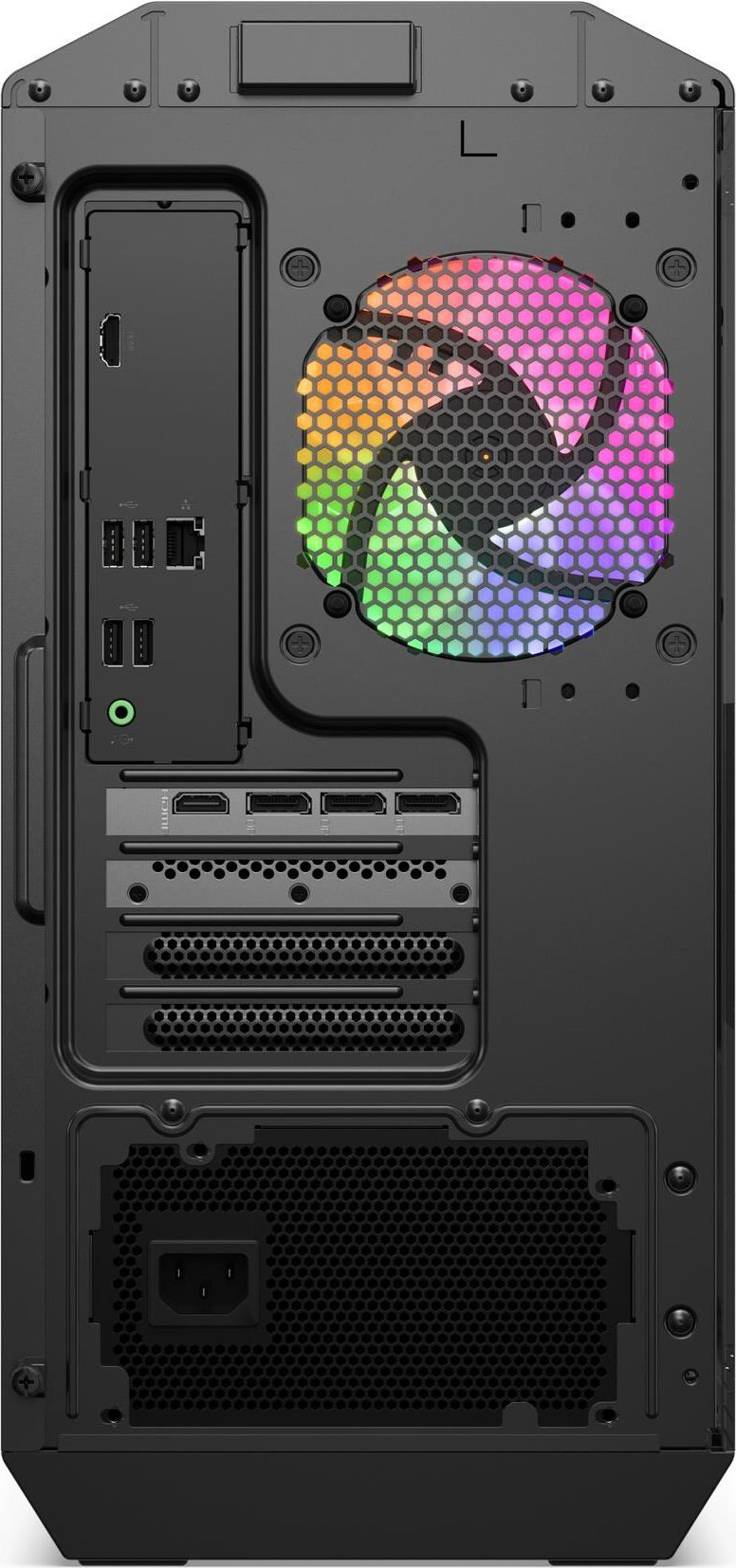 Die Rückseite eines schwarzen PC-Gehäuses mit verschiedenen Anschlüssen, einem bunten Lüfter und einem Stromeingang. Details umfassen HDMI, USB und Audio.