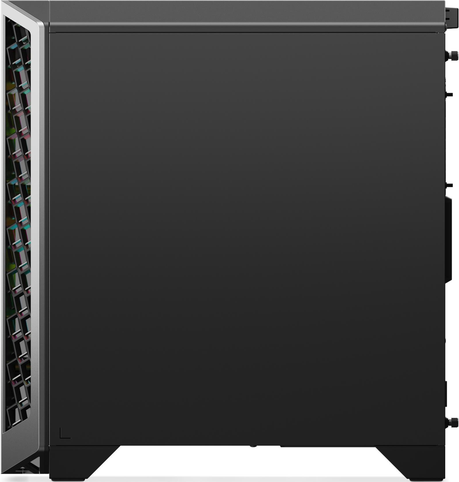 Seitenansicht eines schwarzen Computergehäuses. Es hat eine gemusterte Frontplatte und eine feste Seitenplatte. Das Gehäuse steht auf einer schwarzen Oberfläche.