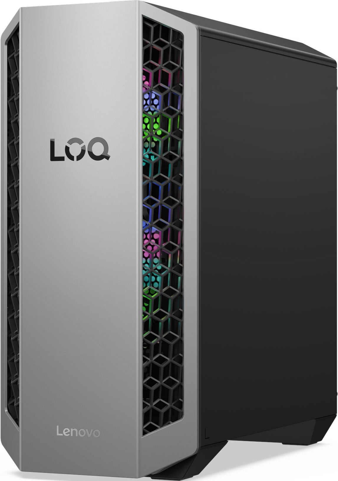 Ein Lenovo LOQ-Computergehäuse. Silberne Vorderseite mit schwarzen Akzenten, Wabenbelüftung und bunten Lichtern. Lenovo-Logo unten.