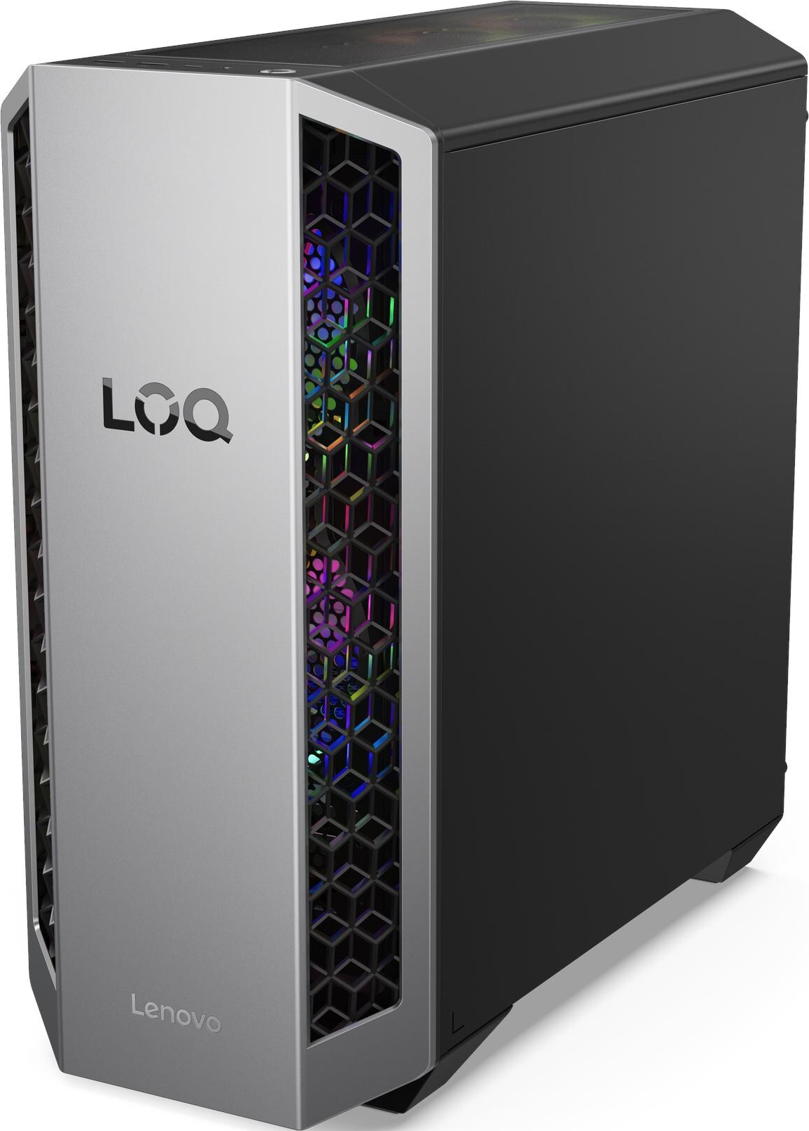 Ein Lenovo Loq PC-Gehäuse. Es hat eine silberne Vorderseite mit dem Loq-Logo und eine schwarze Seite. Die Vorderseite hat ein Wabenmuster.
