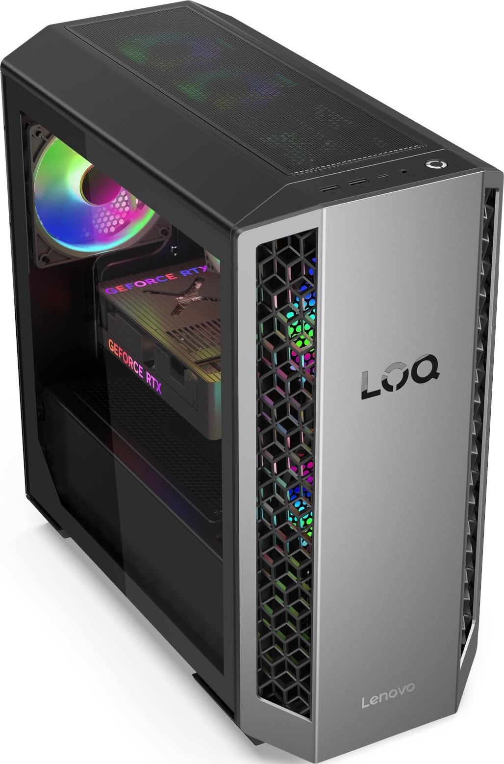 Ein Lenovo Loq PC-Gehäuse mit bunten Lichtern und einer GeForce RTX-Karte ist sichtbar. Das Gehäuse ist schwarz und silber.