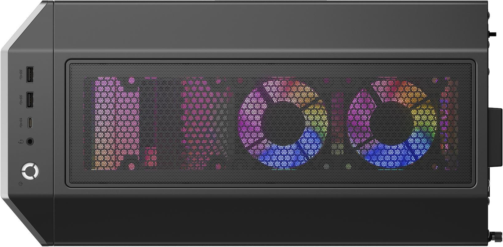 Ein Computergehäuse mit Mesh-Front zeigt farbenfrohe Lichter. Anschlüsse und ein Power-Knopf befinden sich an der Seite.