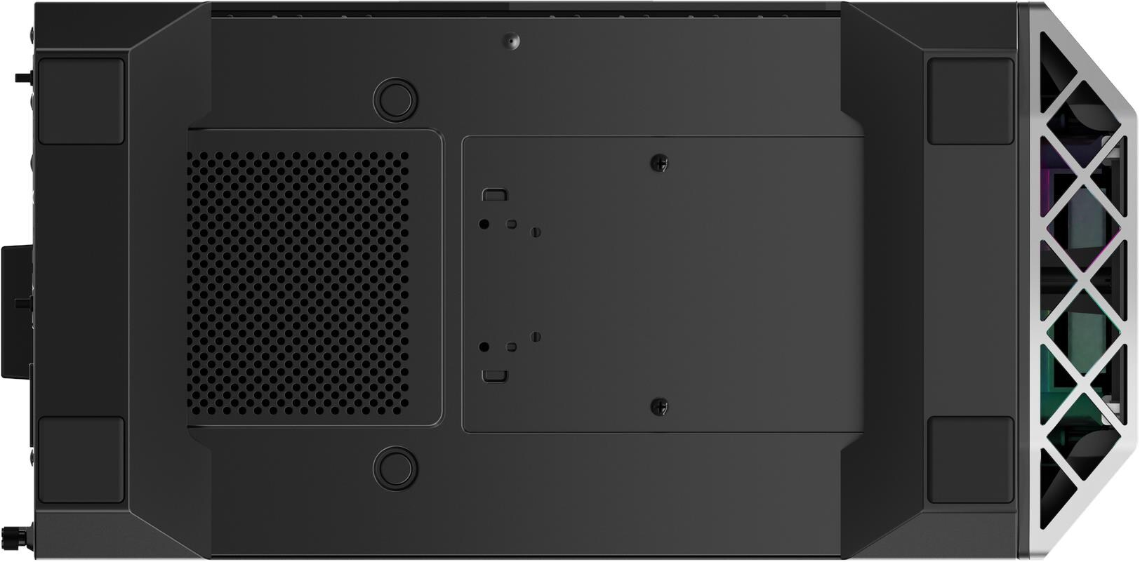 Draufsicht auf ein schwarzes Computergehäuse. Es hat ein perforiertes Panel, ein festes Panel und einen silbern umrandeten Lüfterbereich.
