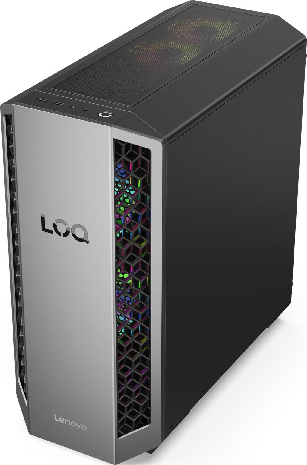 Ein Lenovo Loq Gaming-PC. Er hat eine silberne Vorderseite, schwarze Seiten und eine Mesh-Oberseite. Bunte Lichter scheinen hindurch.