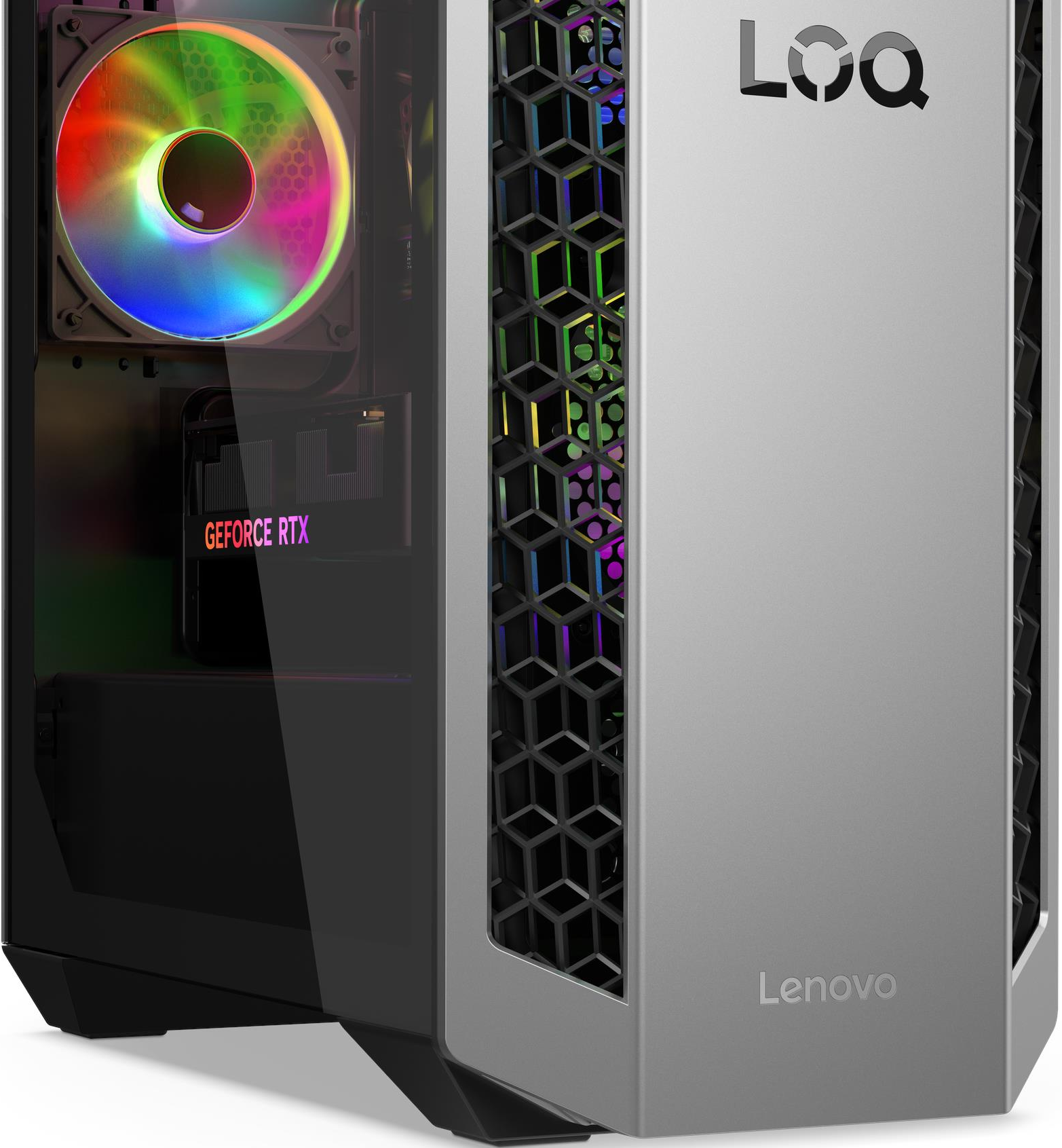 Ein Lenovo PC-Gehäuse mit Glasseite, farbenfrohem Lüfter und wabenförmiger Front.
