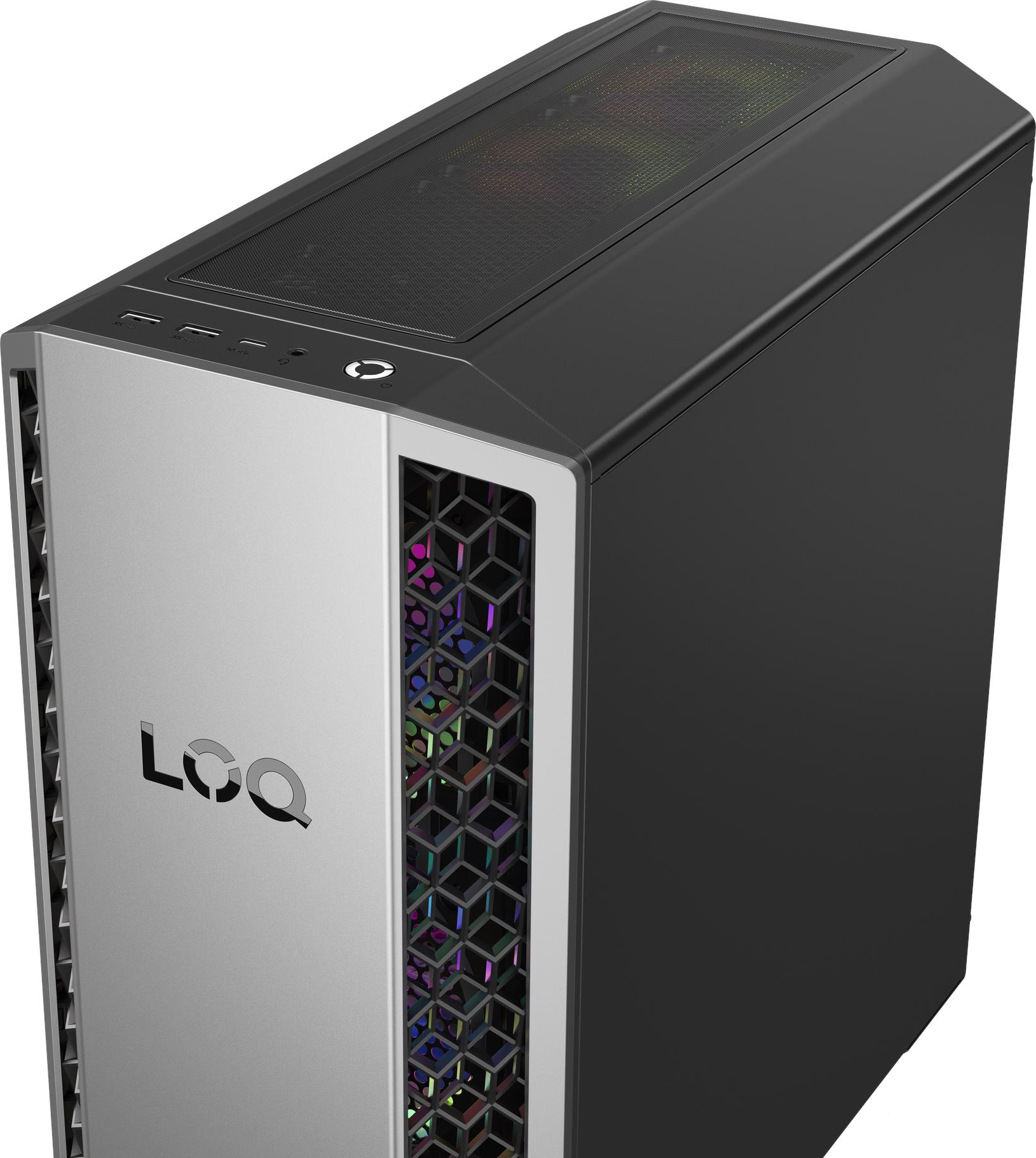 Ein schwarzes und silbernes Computergehäuse. Die Vorderseite hat eine silberne Platte mit dem Logo 'LOQ'. Die Seite hat ein Wabenmuster.
