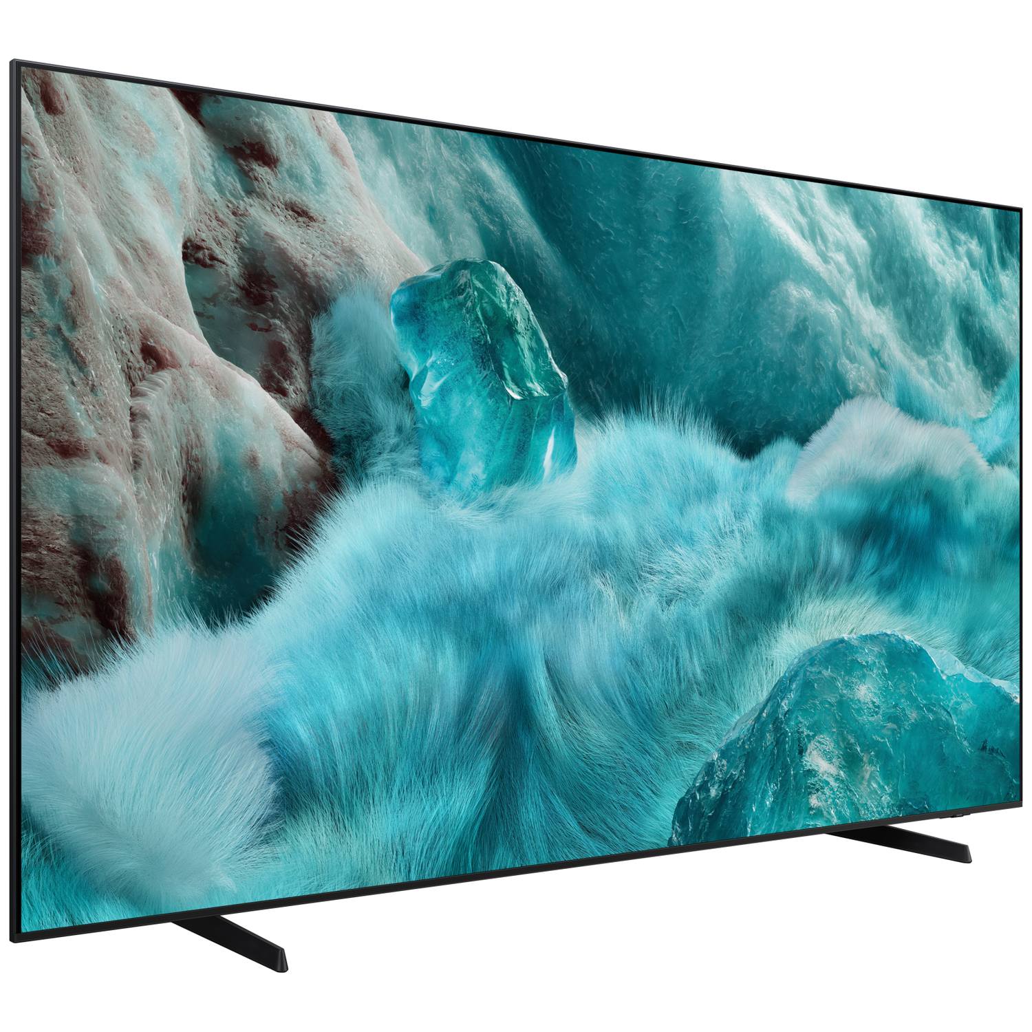A large TV displays a teal and white icy landscape with large crystal-like structures. The TV has black legs and a black frame.