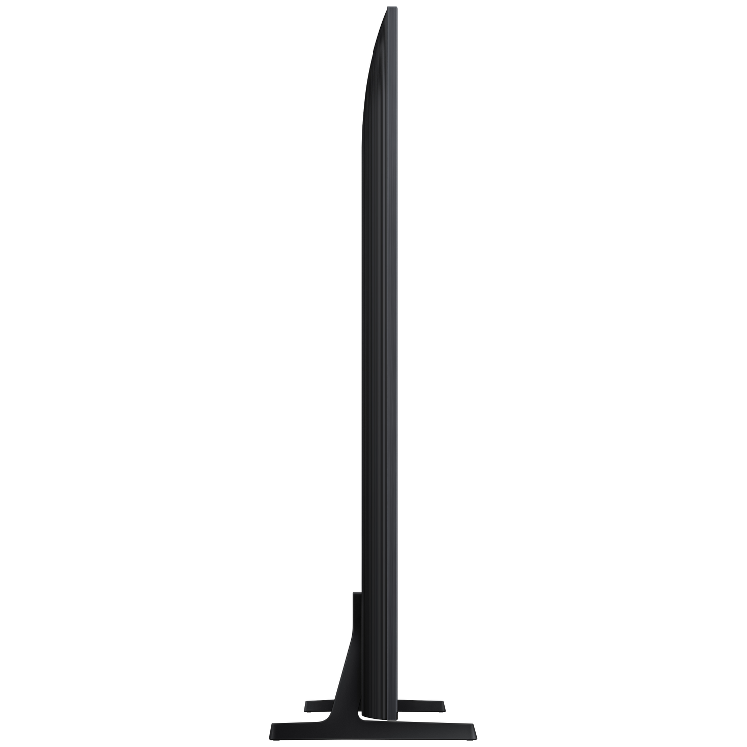 A black flat-screen TV is seen from the side. It stands on a stand with two feet. The background is white.