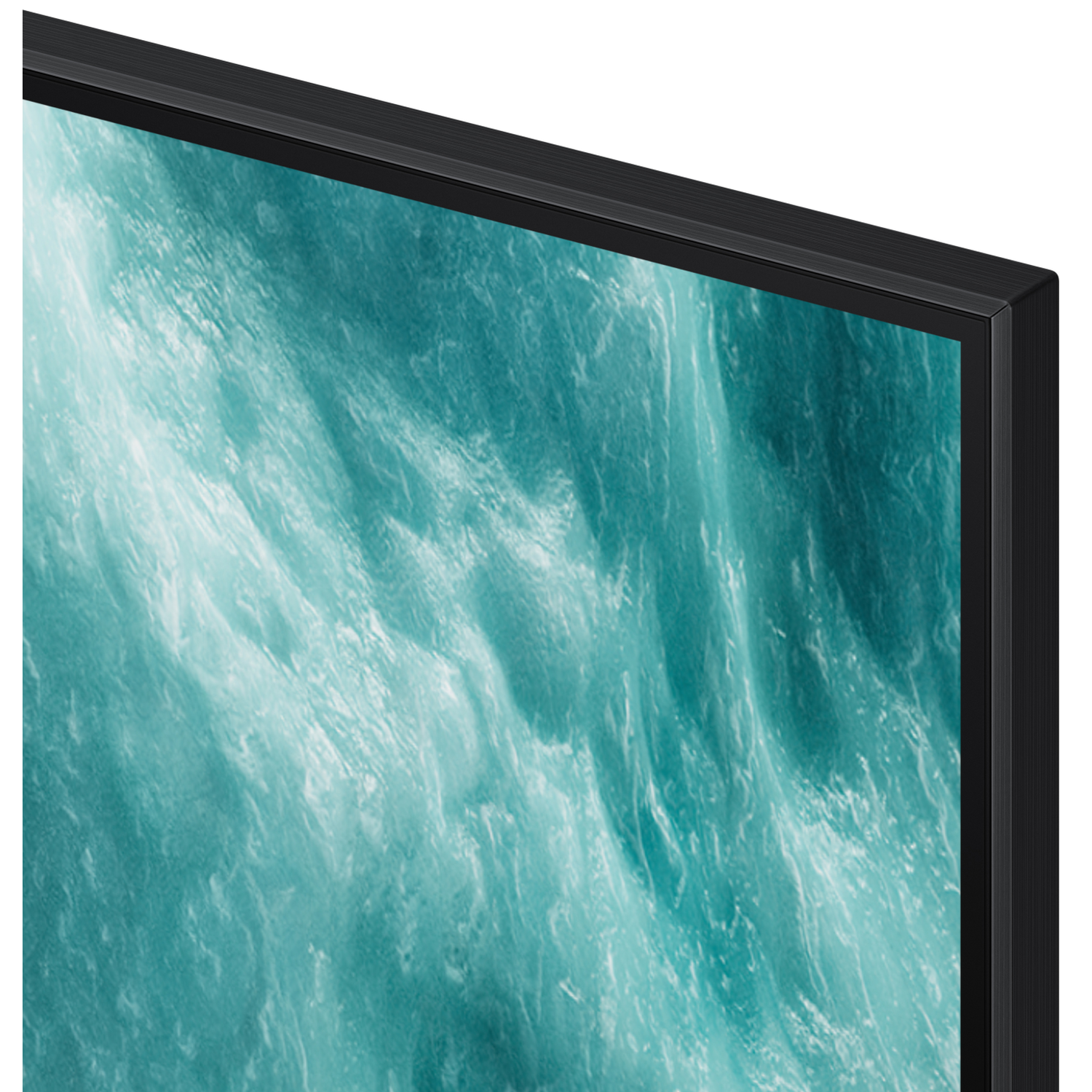 Close-up of a TV screen showing blue water waves. The TV has a black bezel.