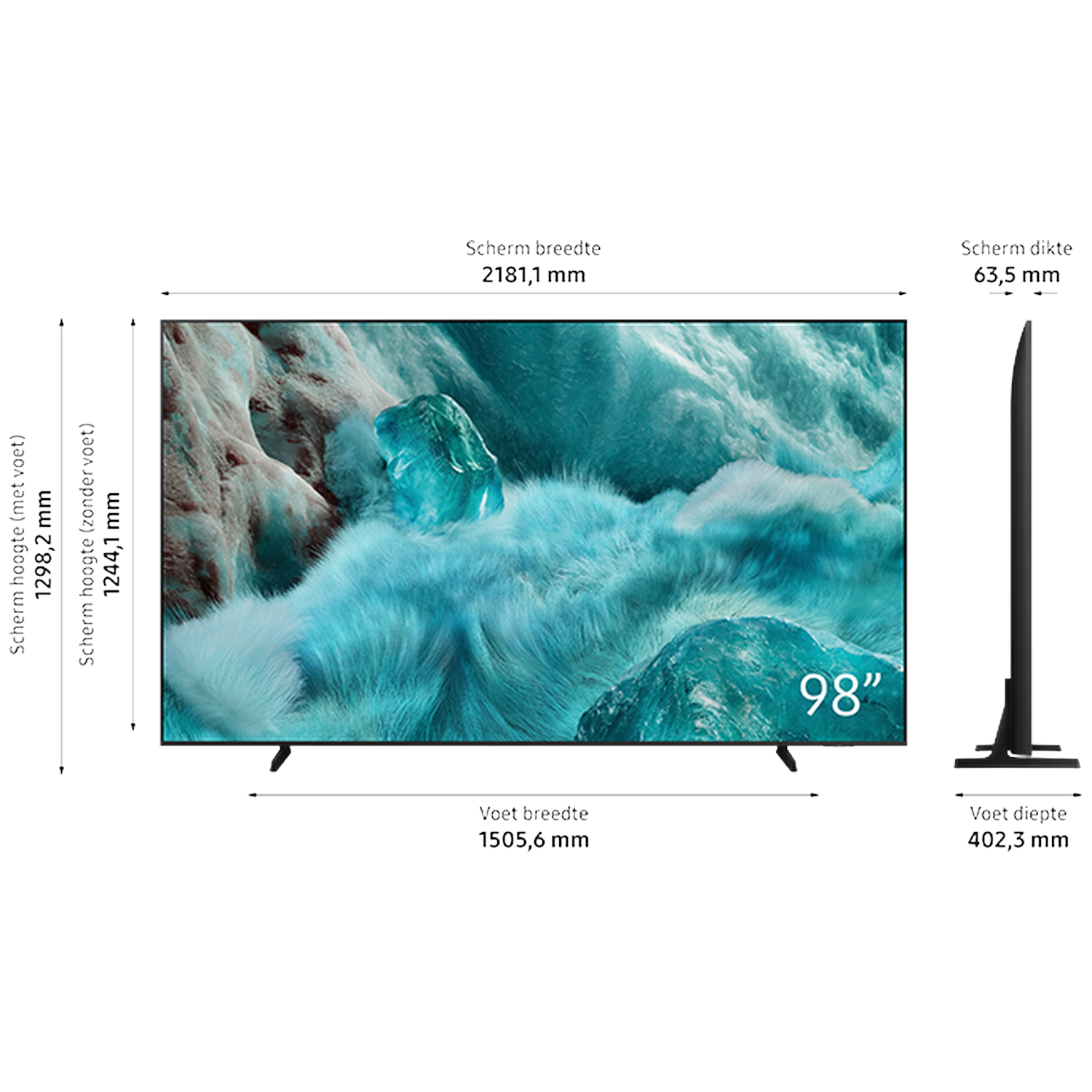 A large 98-inch TV with dimensions labeled. The screen displays a blue and white abstract image. Dimensions are specified in mm.