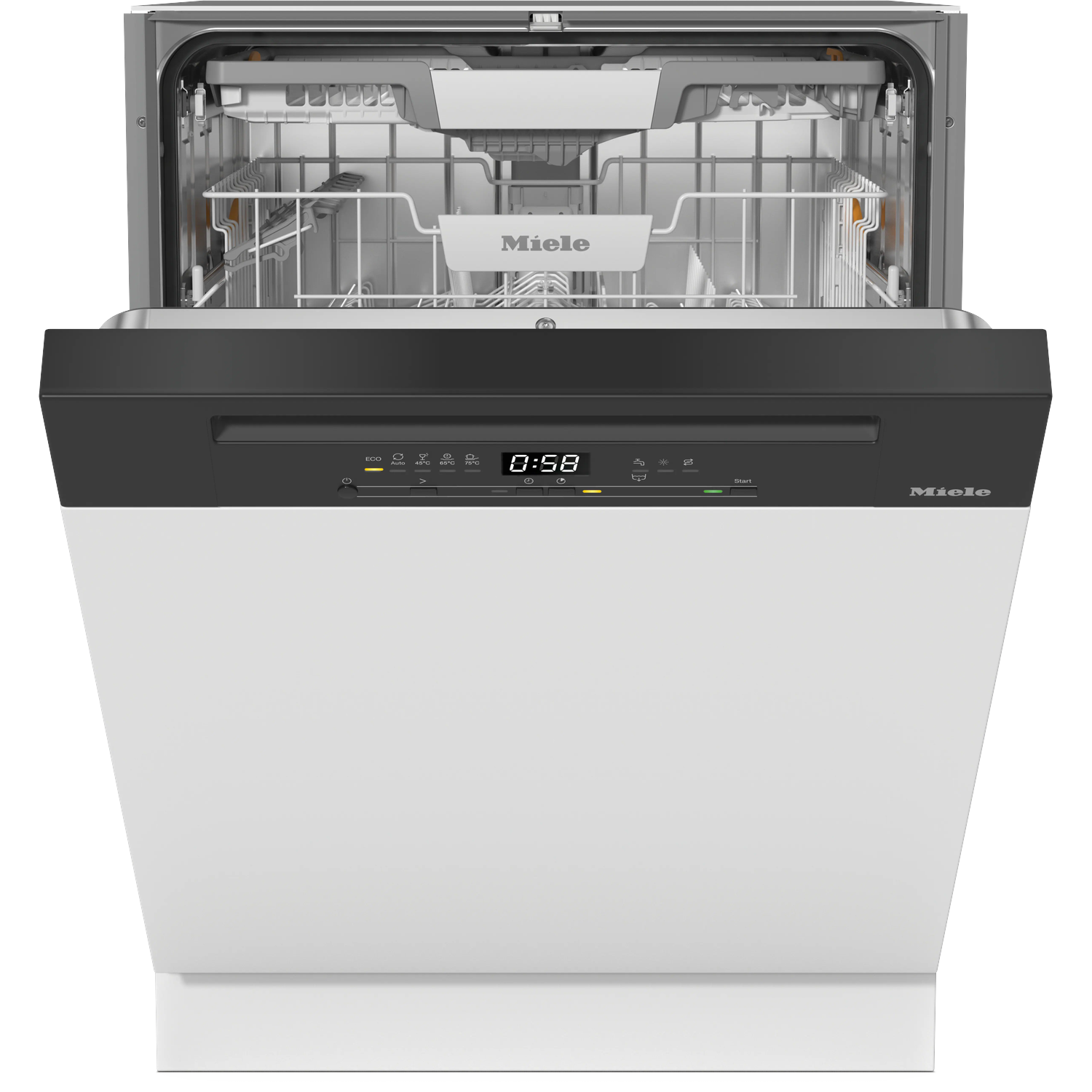 Open Miele vaatwasser. Witte deur, zwart bedieningspaneel met digitaal display. RVS interieur met zichtbare rekken.