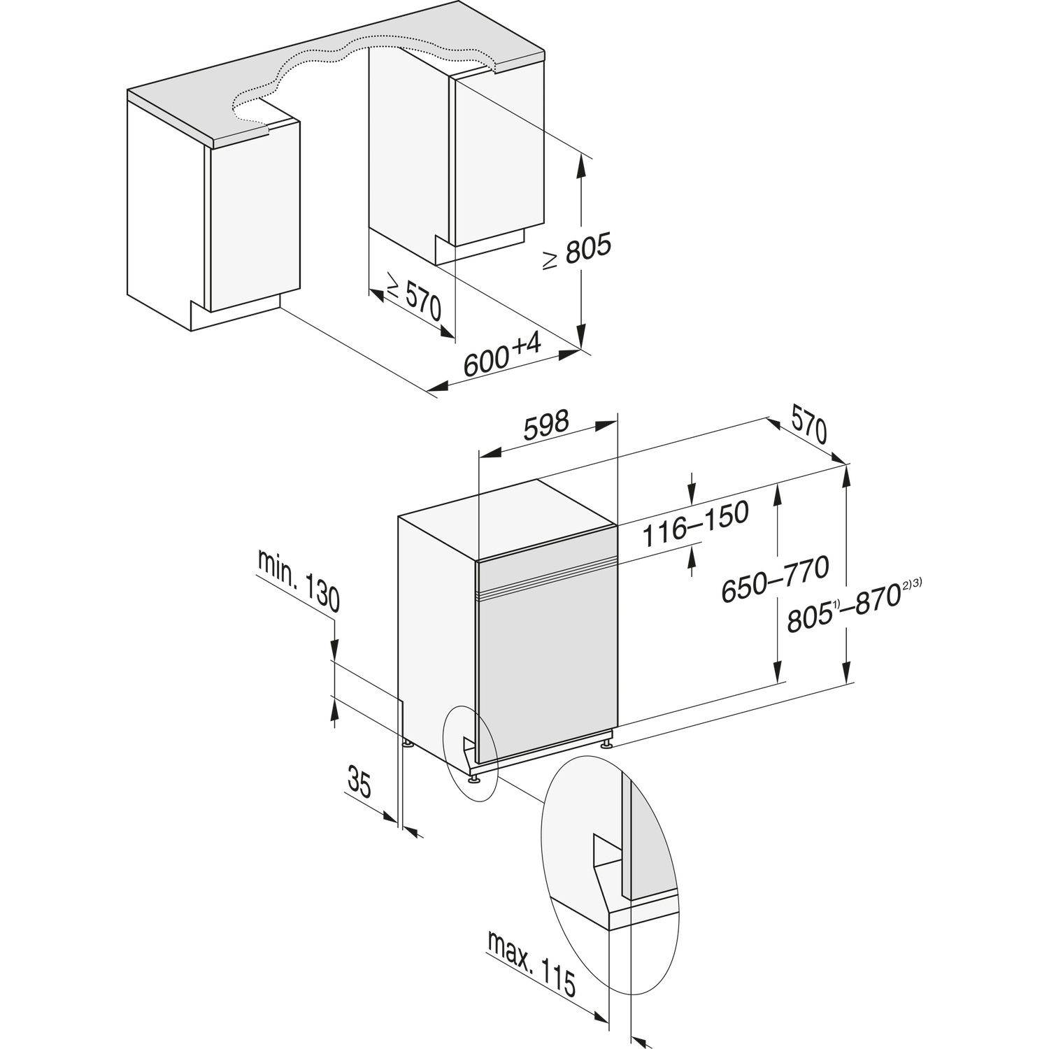 Diagram van een vaatwasser met metingen en afmetingen. Bevat kastcontouren en gedetailleerde weergaven met zwarte labels.