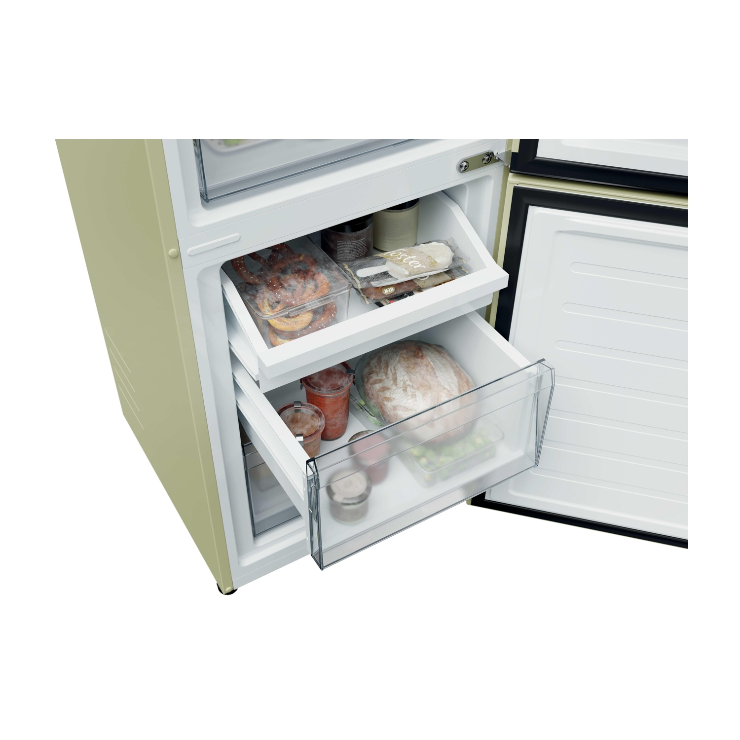 Frigorifero aperto con cassetti. I cassetti contengono alimenti come pane, barattoli e contenitori. Il frigorifero è beige.