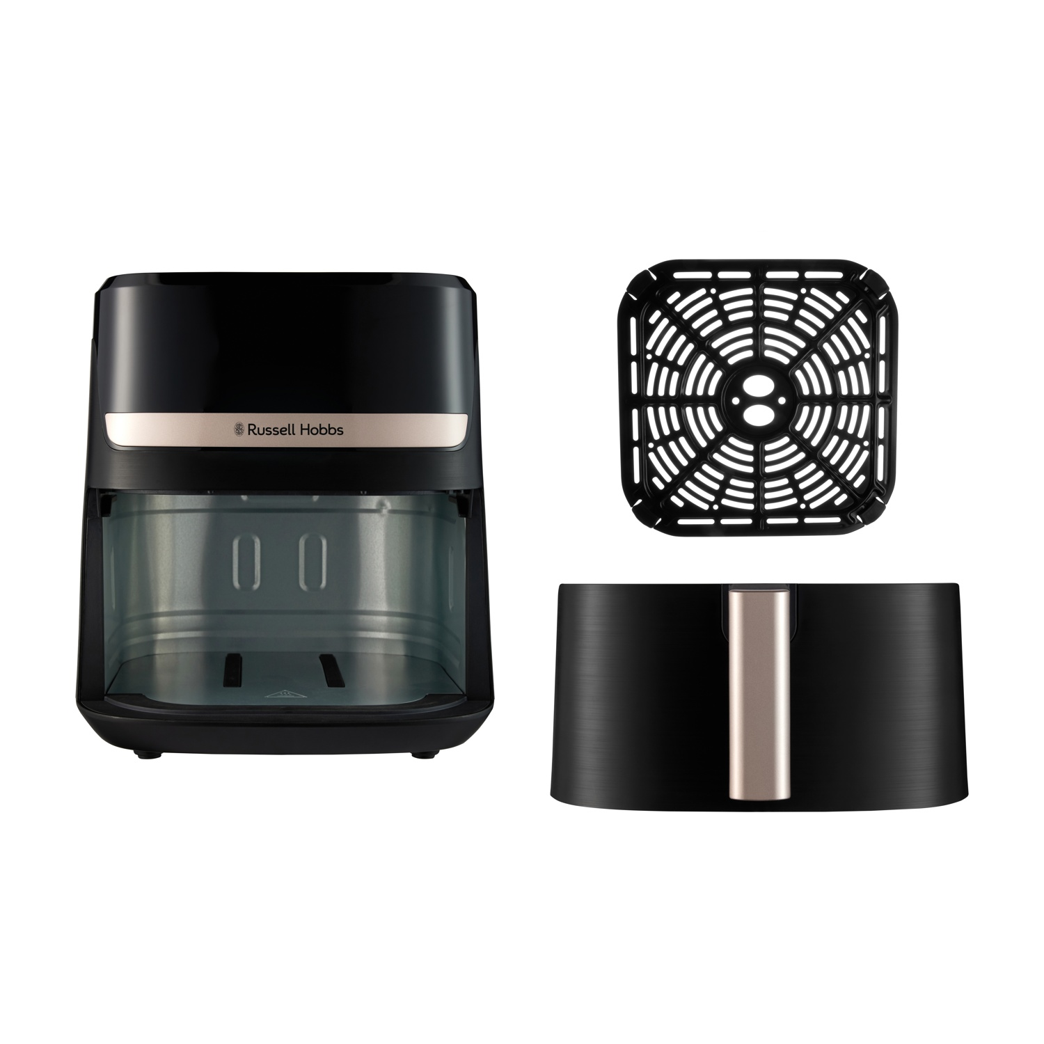 Friggitrice ad aria Russell Hobbs nera con cestello e base separati. Accenti dorati sulla parte anteriore e sulla maniglia. Isolato su sfondo bianco.