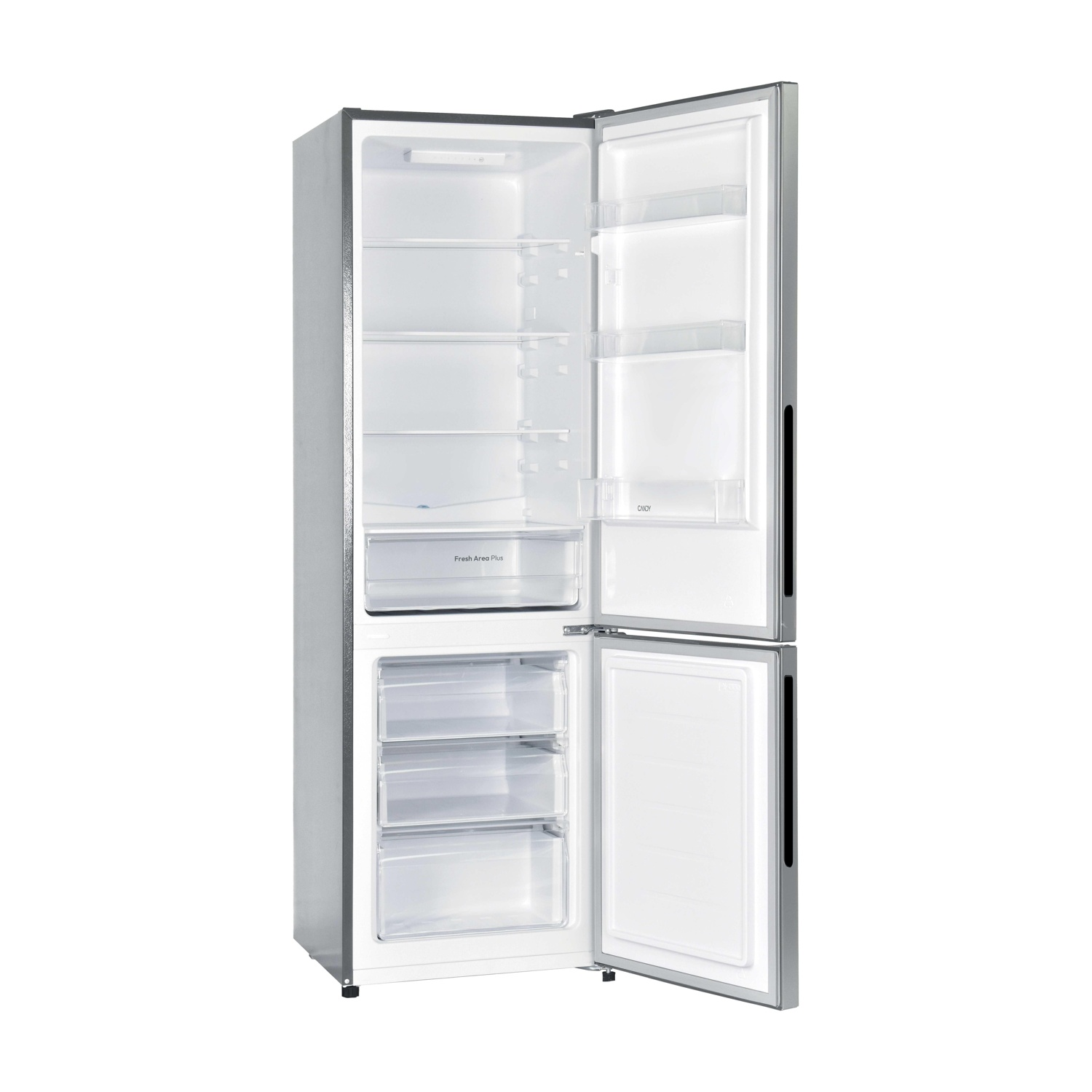 Frigorifero argento aperto con due porte. La porta superiore è aperta, rivelando ripiani. La porta inferiore è aperta, mostrando cassetti. Sfondo bianco.